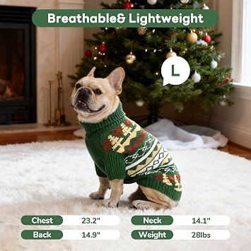 PUMYPOREITY Dog Christmas Sweater, Cozy Winter Knit Pullover with High Neck, Stretchy Fit for Small Medium Large Dogs, XS, Green