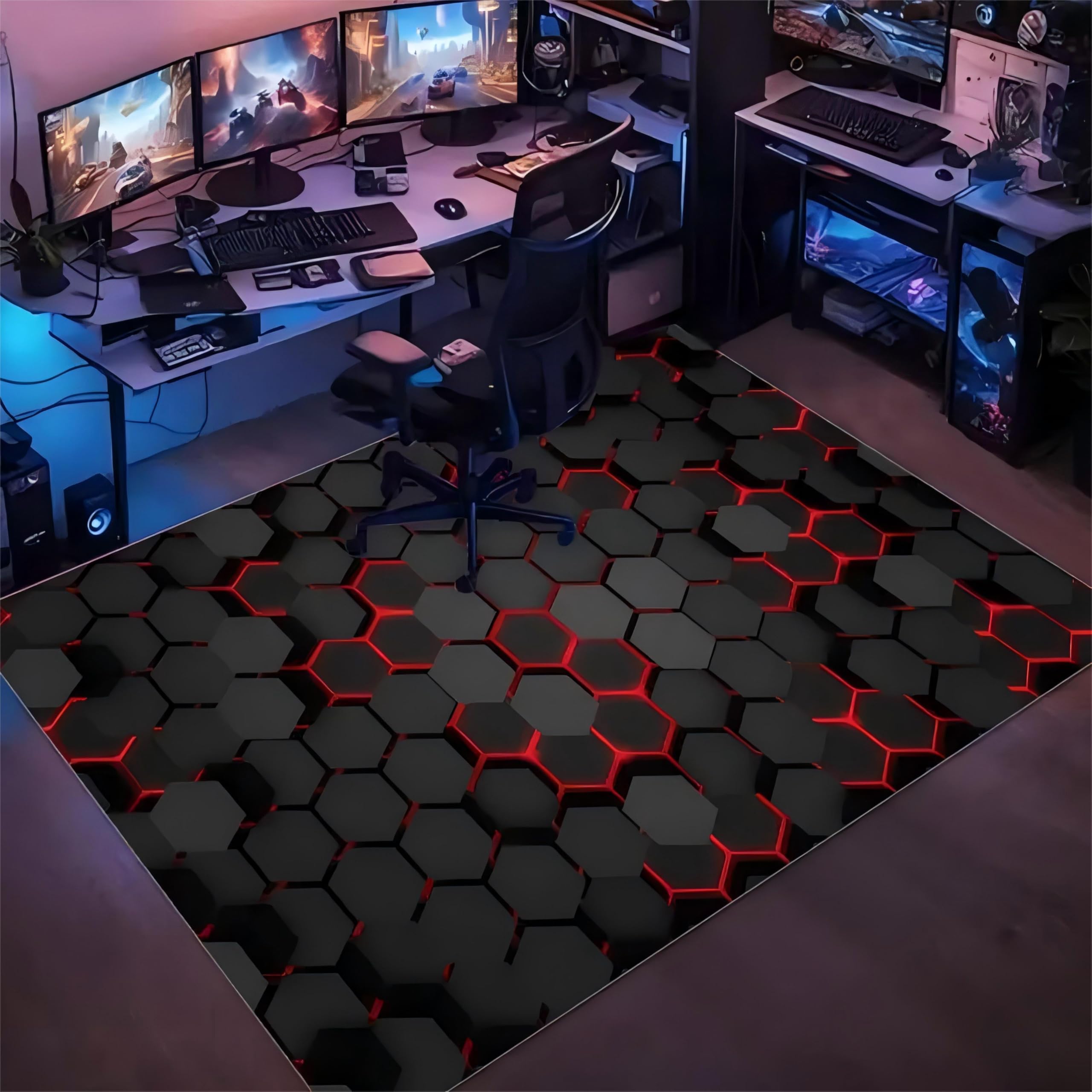 Kuluoits Honeycomb Area Rug,60x110cm, Modern Geometric Hexagon Black Red Rug, Soft Foldable Non-Slip Playroom Rugs, Machine Washable Low Pile Carpet for Living Room Bedroom Kids Room Bedside