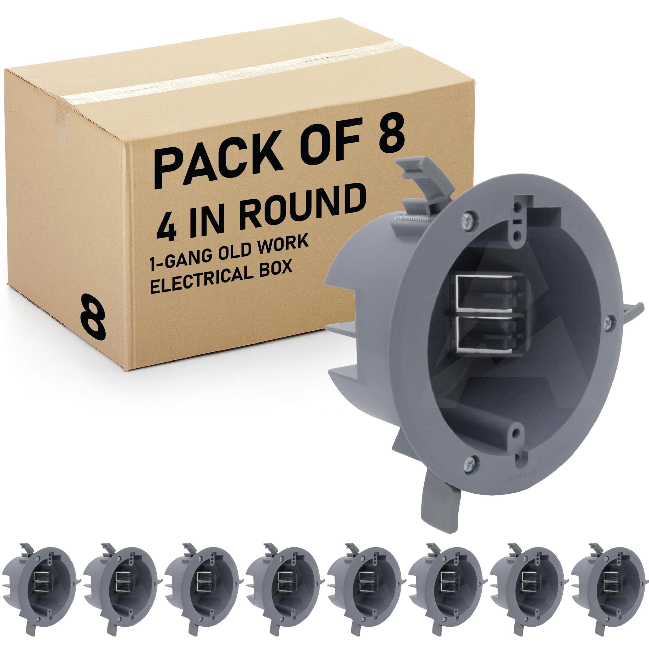 Paquete de 8 cajas eléctricas redondas de trabajo de 4 pulgadas, caja de conexiones de PVC gris de una banda, capacidad de 18 pulgadas, caja de remodelación de techo redonda con pestañas de montaje
