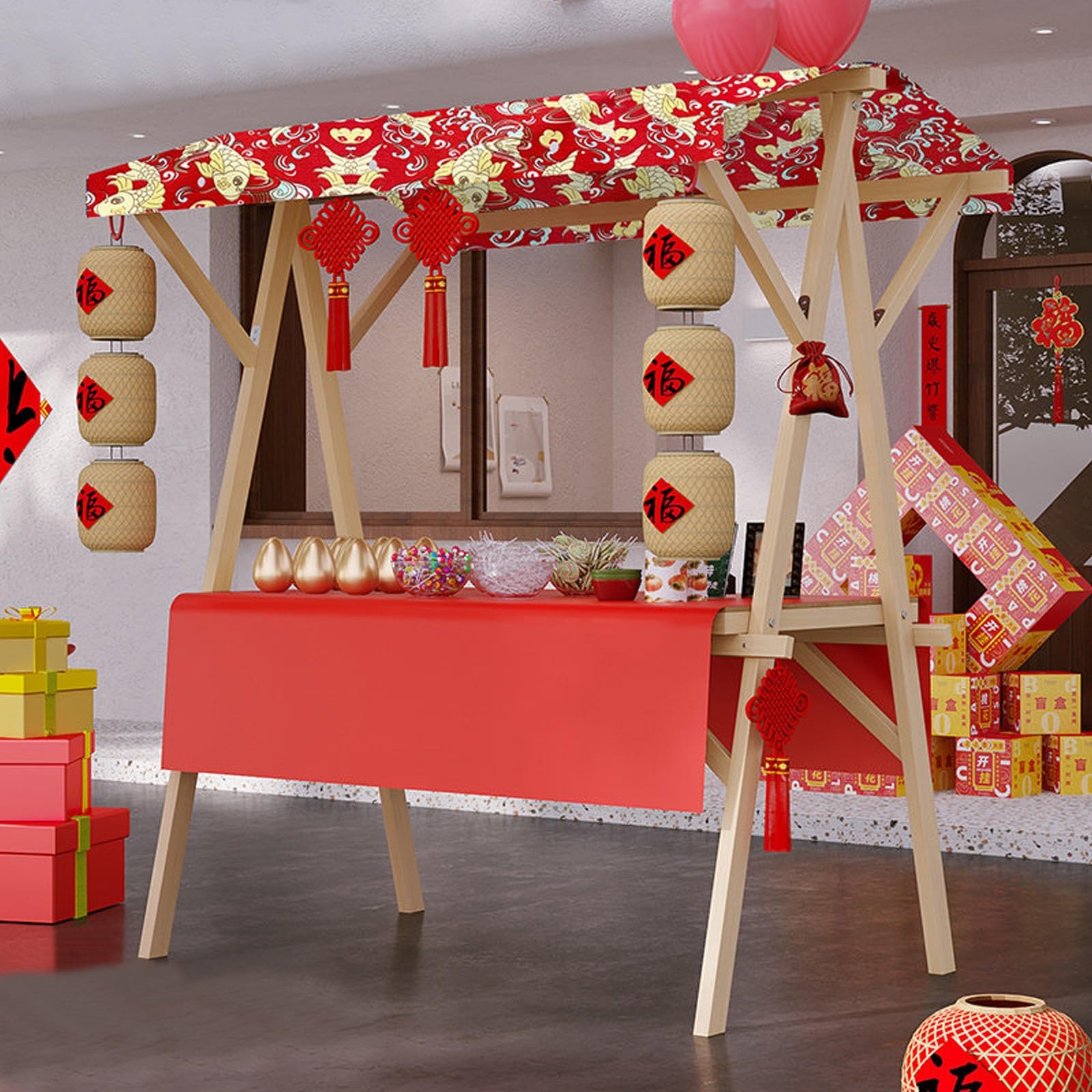Bancarella pieghevole in legno con baldacchino, carrello portatile per cibo da strada, mercati degli agricoltori, eventi all'aperto (rosso F, 120 cm / 47.2in)
