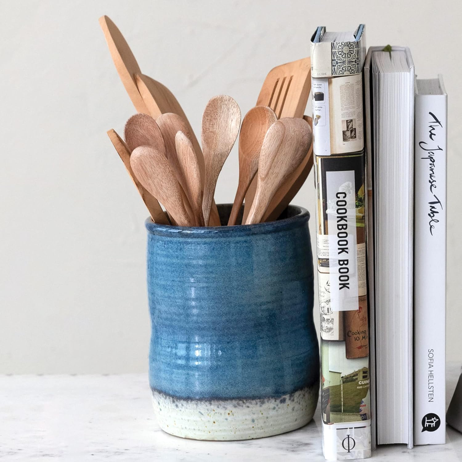 Creative Co-Op Stoneware Utensil Holder, Blue Reactive Glaze Dining/Entertain Tools, 5" L x 5" W x 6" H : Home & Kitchen