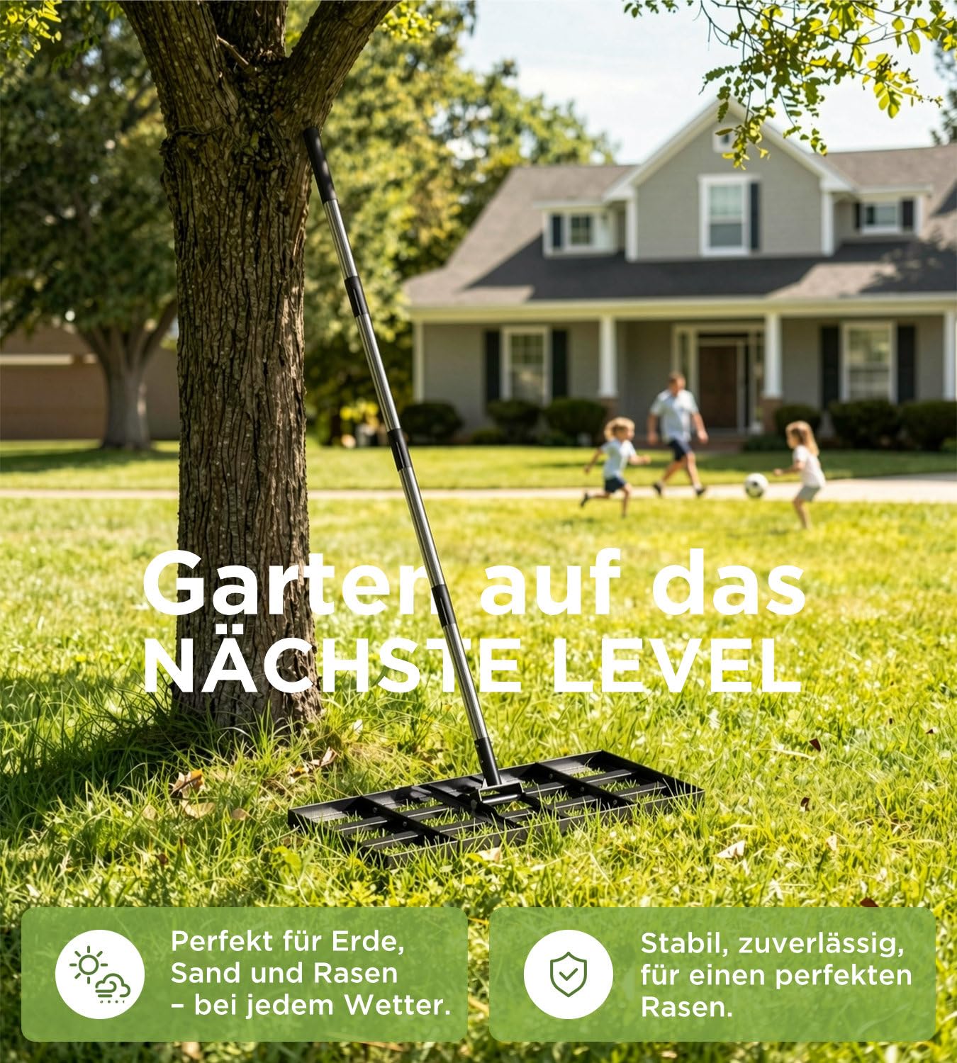 Rasenrakel 75x35cm mit Verstellbarer Länge, Rasen Rakel mit 1,8m Edelstahlstiel, Robuster & Kraftsparender Boden Rasenrechen, Perfekte Düngerverteilung für Garten Hof Golfplatz, zum Einebnen von Erde