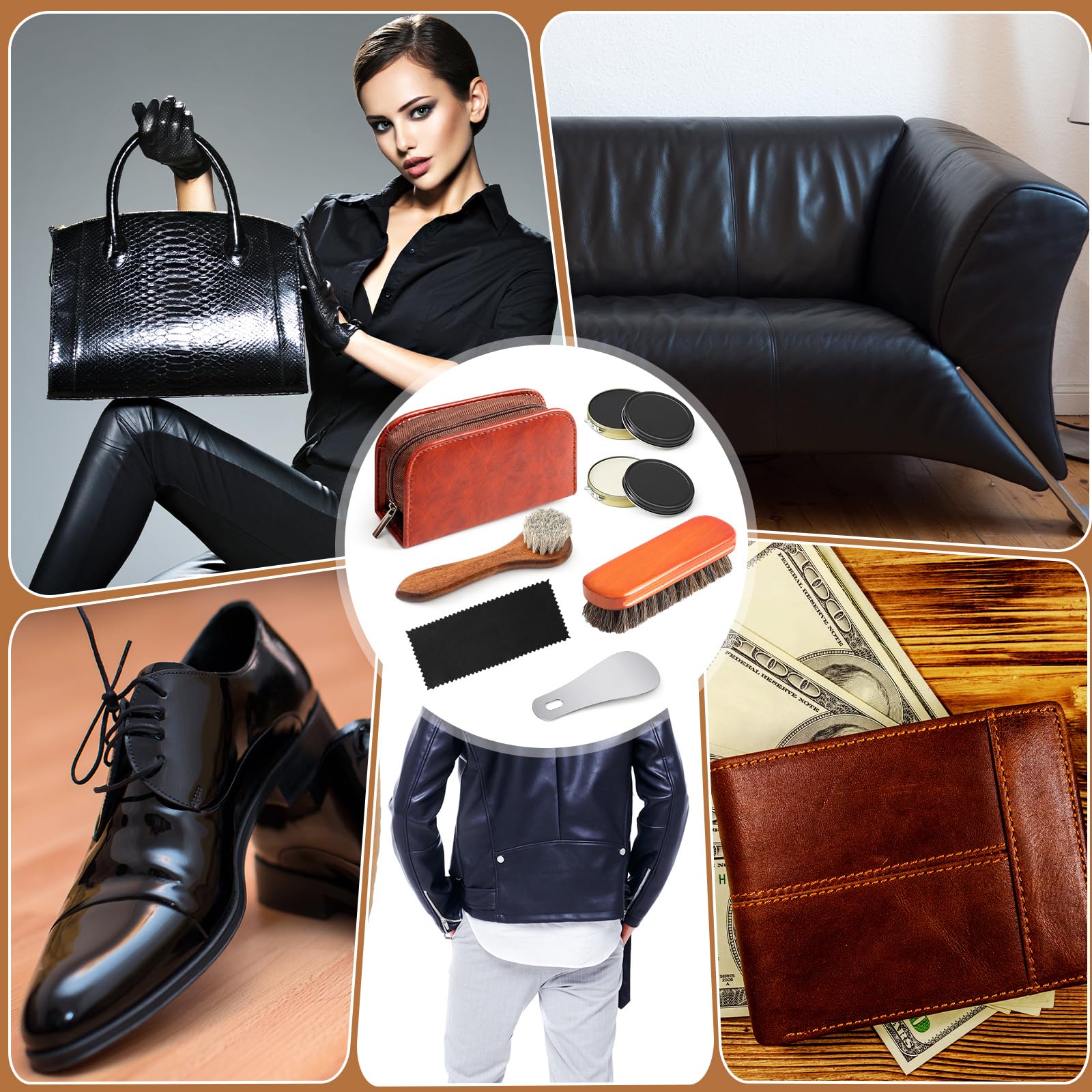 Kit de esmalte de zapatos para hombre, 7 piezas, kit de brillo de zapatos negro, kit portátil de cuidado de botas de cuero para limpieza con bolsa de almacenamiento de poliuretano