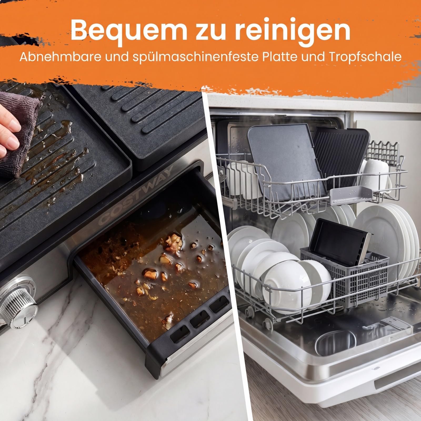 COSTWAY Tischgrill elektrisch, 2000W Elektrogrill mit Spritzschutz, 2 Thermostate, 6 Temperatureinstellungen & Auffangschale, kompakter Plattengrill für drinnen & draußen