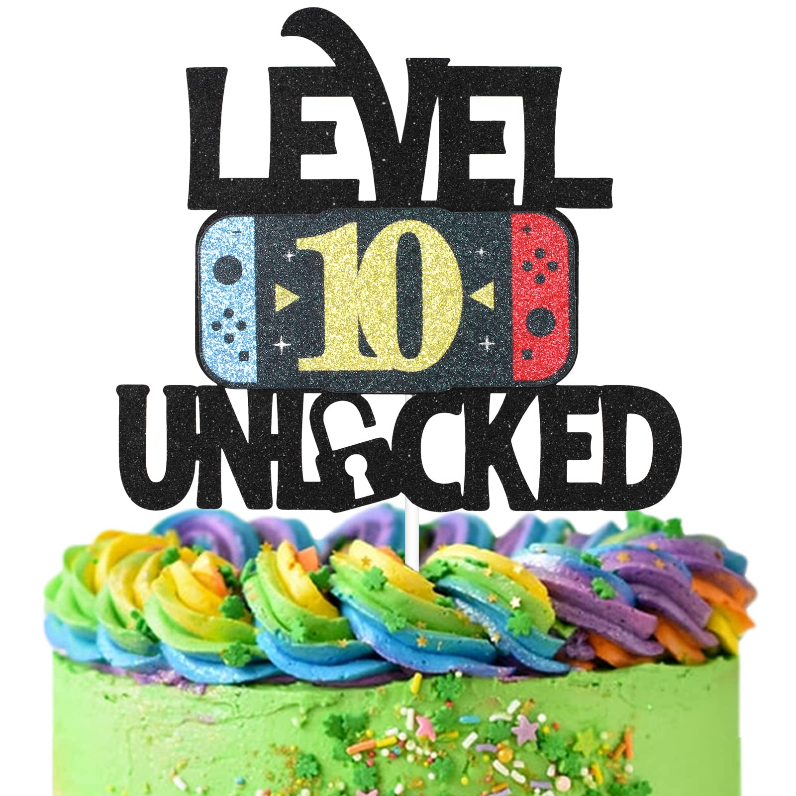 LHCING Level 10 Unlocked Game Birthday Cake Topper - Video Game Boy's 10th Birthday Game On Party Cake Supplies - Gaming Level Up Winner Party Decoration