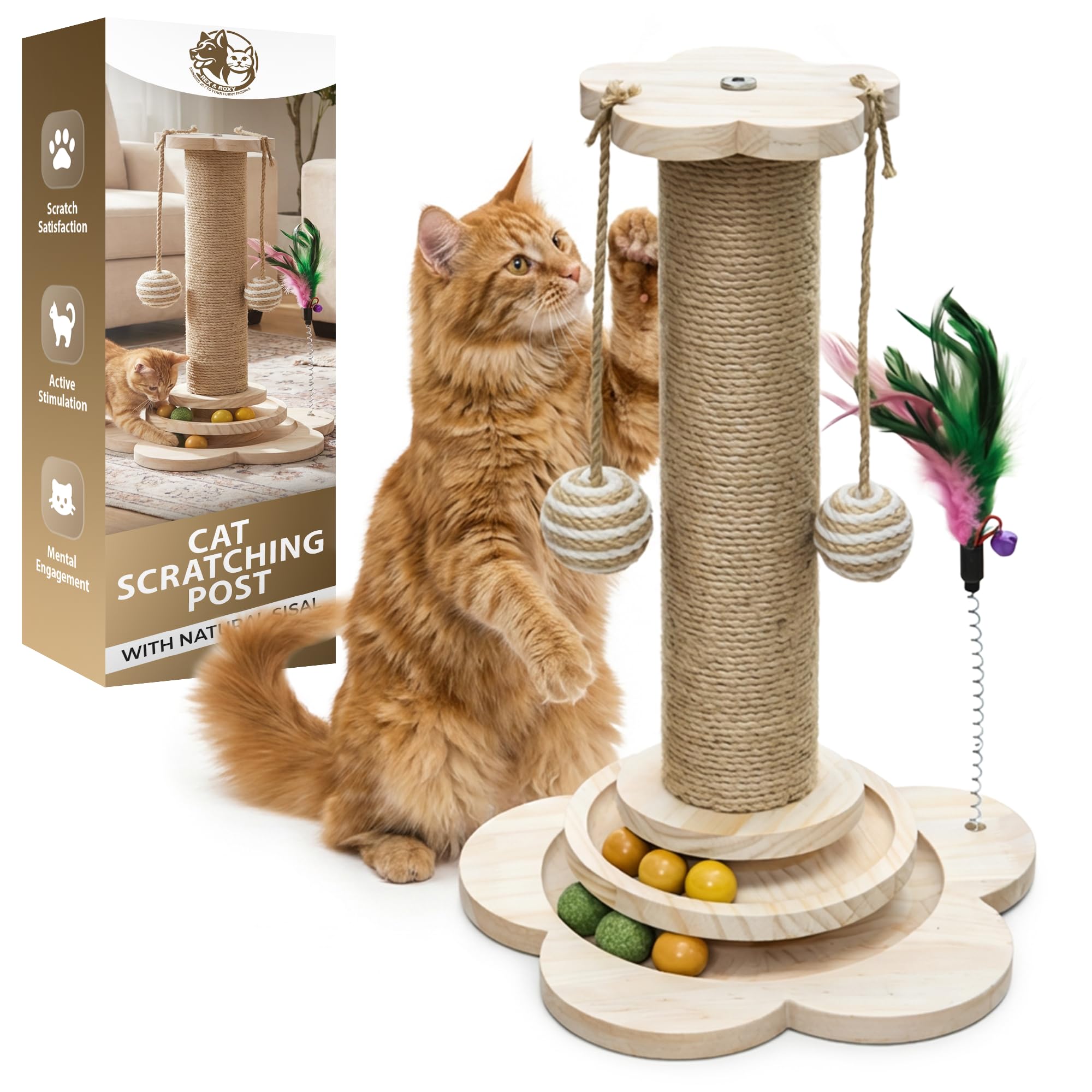 Rex & Roxy Cat Scratching Post with Natural Sisal | Sturdy Cat Scratcher for Indoor Cats | Kitten Toy with Scratching Posts, Play Platform & Toys | Easy Assembly Cat Play Post | Space Saving 45CM Tall