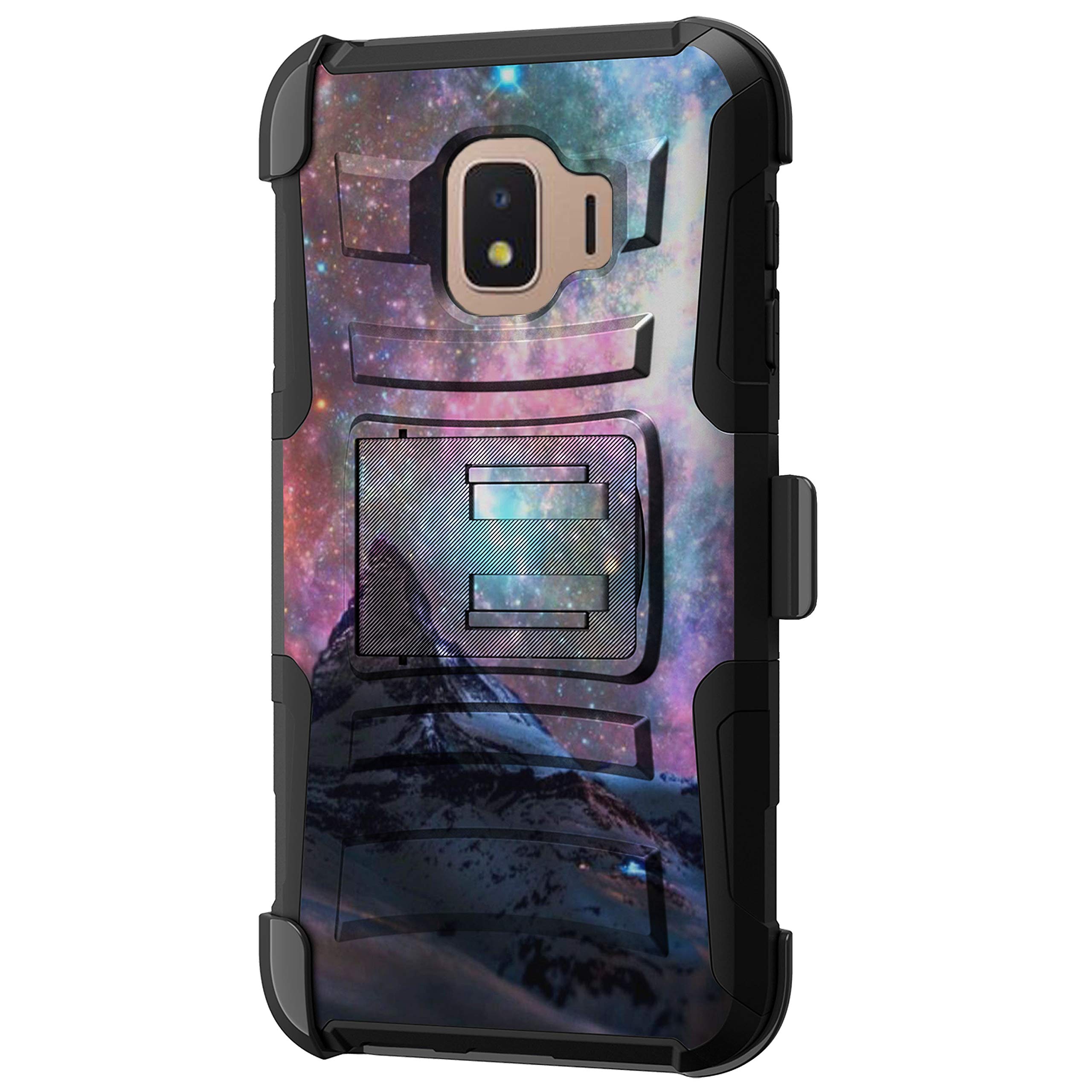 TurtleArmor | Compatible with Samsung Galaxy J2 Core Case | J2 Dash Case | J2 Pure Case [Hyper Shock] Fitted Armor Holster Belt Clip Hybrid Cover Stand Shock Protective Case - Stars Galaxy Mountain