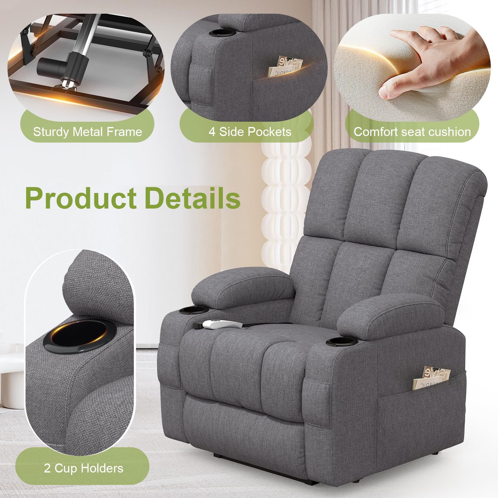 Fauteuil de relaxation - Fauteuil de massage électrique réglable - Avec fonction allongée - Massage - Fonction chauffante - Ports de type C et USB - 4 poches latérales - 2 porte-gobelets