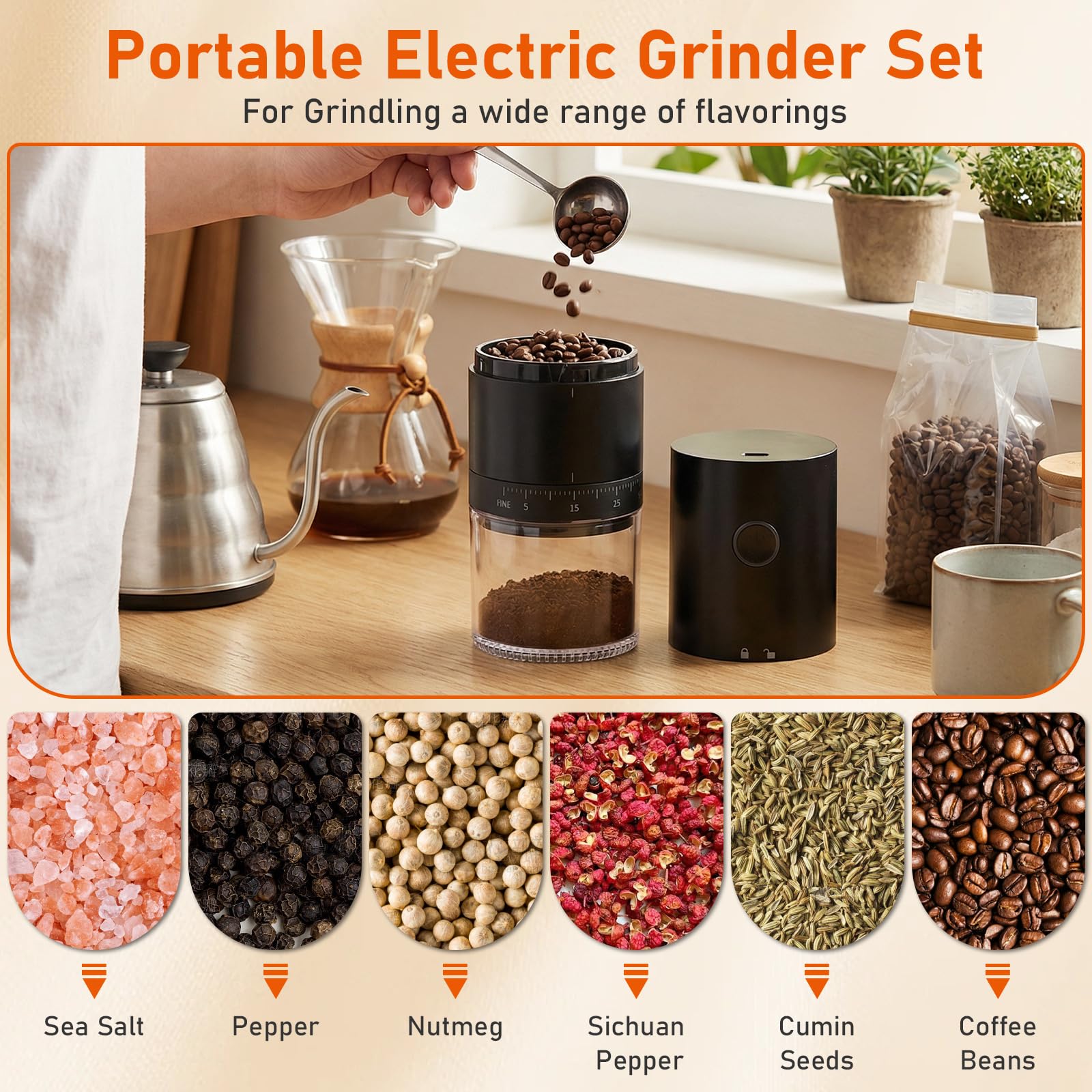 Elektrische Kaffeemühle, Tragbar Klein Coffee Grinder Wiederaufladbar, Aufladbare Kaffeemühle mit Keramikmahlwerk, 38 Einstellbare Stufen, Espresso Kaffee Mühle für Reisen, Camping, Büro