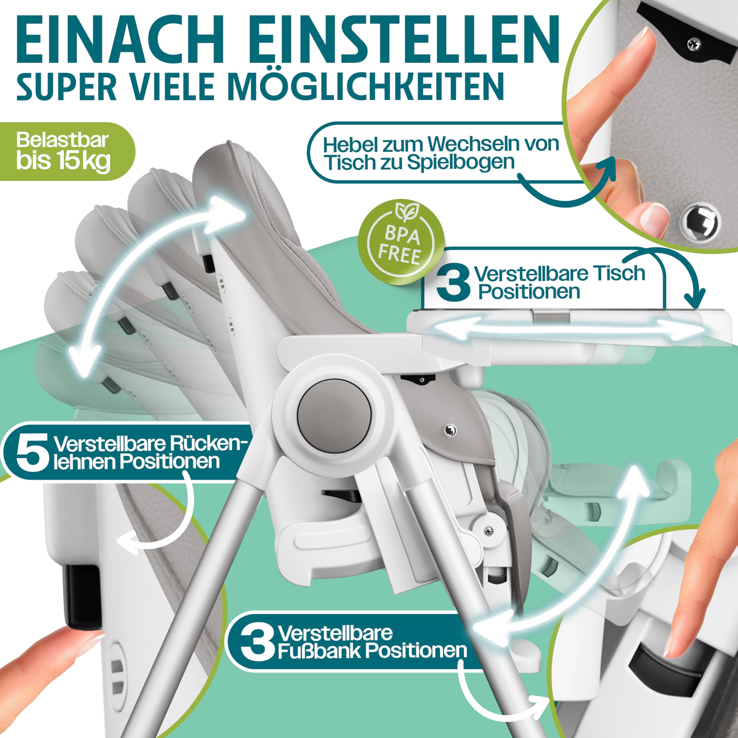 KIDIZ® 3in1 Hochstuhl Kinderhochstuhl mit Spielbügel, Babyliege, höhenverstellbar, bis 36 Monate, Grau