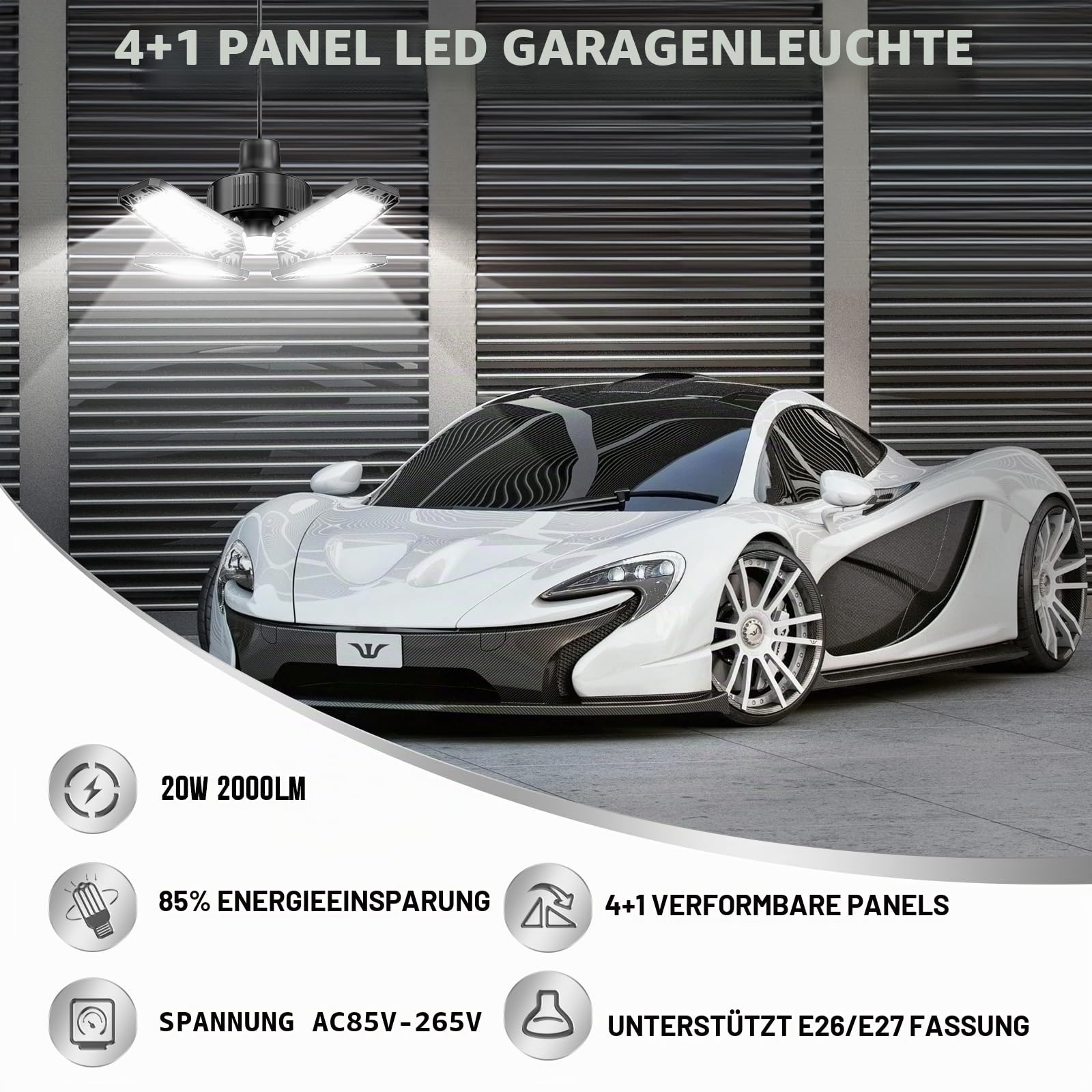 Garagenlampe LED 4 Stück 20W, 2000LM LED Garagenbeleuchtung mit 4+1 Verstellbaren Paneelen 6500K E26/E27 für Garage/Werkstatt/Keller (Äquivalent zu 120W)
