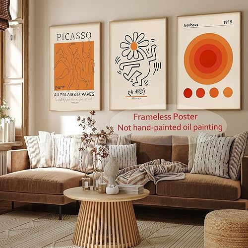 Miniatura 7 de Arte de pared naranja de mediados de siglo, Keith Haring Bauhaus Picasso, arte de pared, póster de la exposición Picasso Bauhaus, lienzo beige y