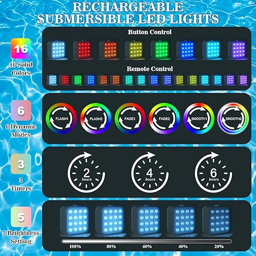 Miniatura 2 de Creatrek Luces de piscina recargables con control remoto, 16 luces LED sumergibles que cambian de color, impermeable para piscina enterrada,