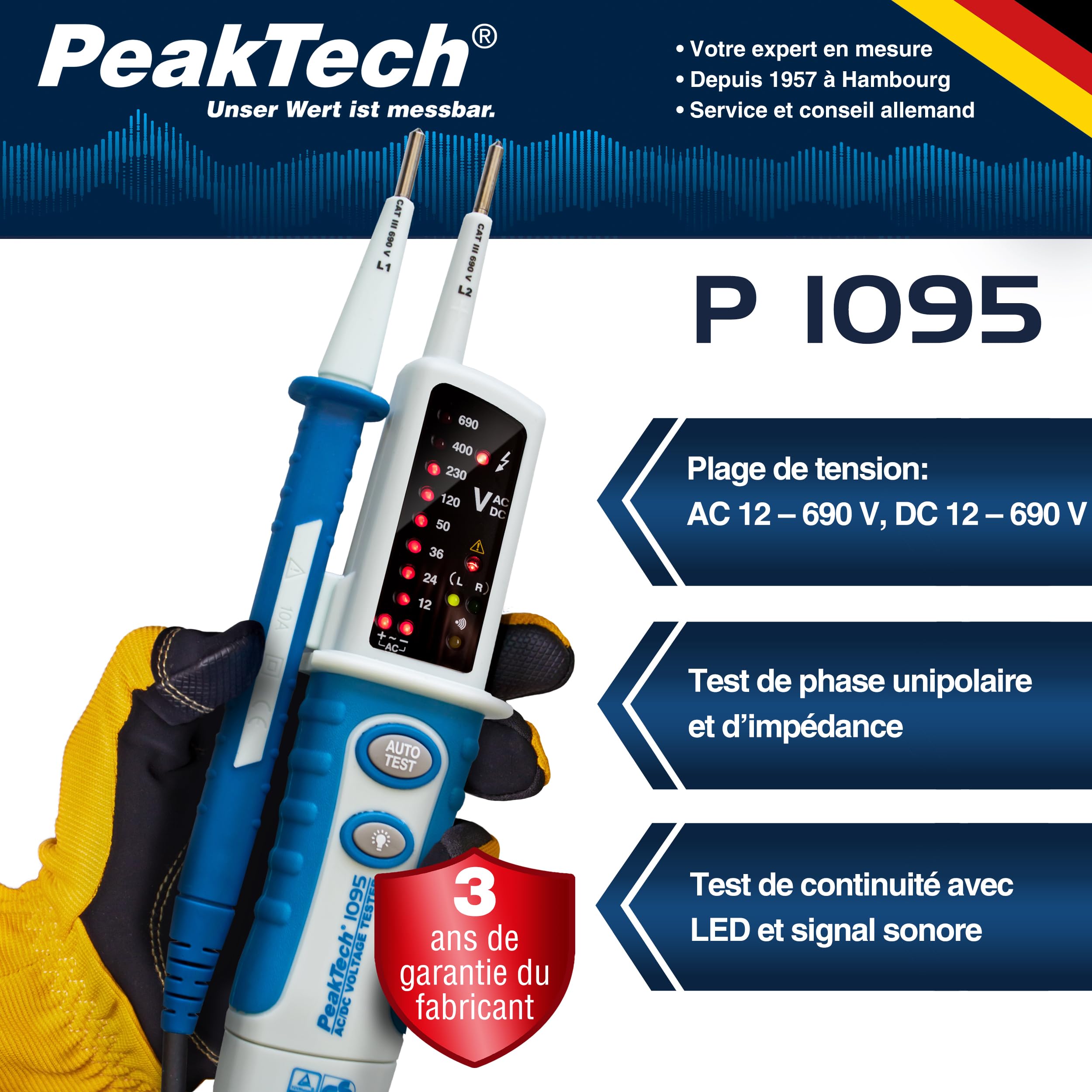 PeakTech 1095 – Testeur de Tension AC/DC 2 Pôles, Affichage LED, Résistant à la Poussière et aux Éclaboussures (IP64), Testeur de Continuité, Voltmètre 12V - 690V