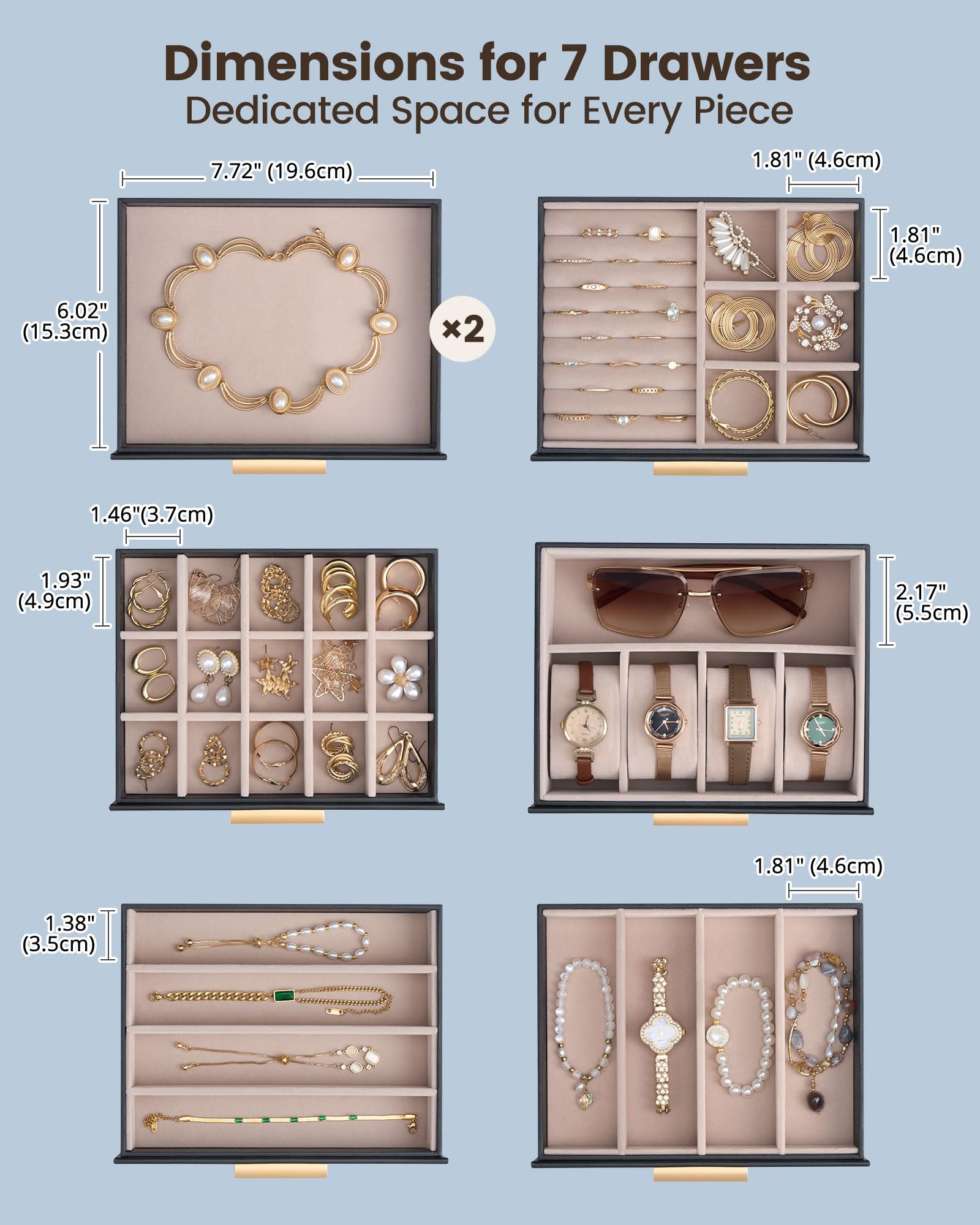 Lolalet Caja Organizadora de Joyas Grande 8 niveles con Espejo Negro | con Cerradura, para Anillos, Pendientes, Pulseras, Collares y Relojes. Ideal para Hogar y Regalos para Mujeres