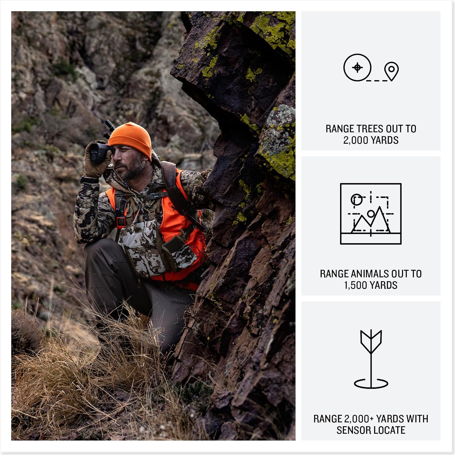 A hunter using the Garmin Xero L60i Rangefinder in a rocky, outdoor environment, demonstrating its use for ranging targets.