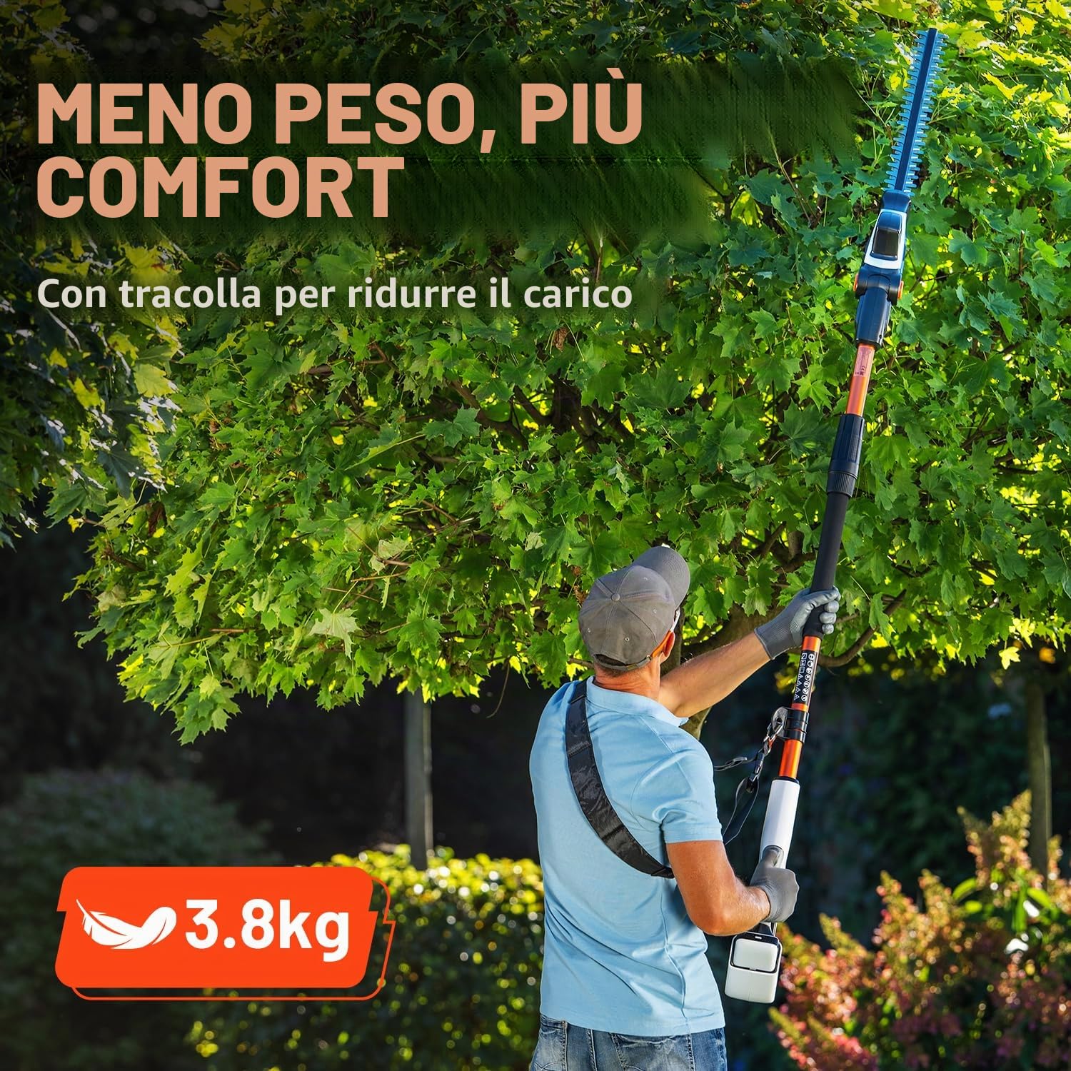 Litheli Tagliasiepi telescopico a batteria 20 V con asta fissa, manico regolabile in 6 posizioni fino a 3,4 m, lama doppia 42 cm, batteria 10000 mAh, leggero ed ergonomico