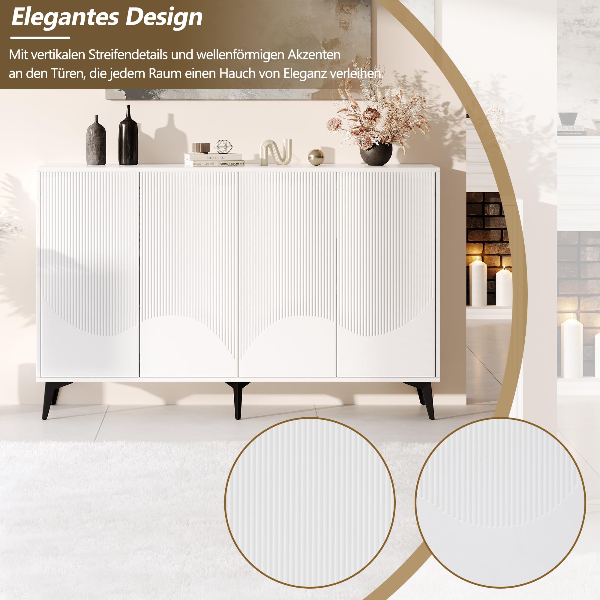 Weiß Sideboard Breite 160 cm, Multifunktionales Sideboard,Kommode, Highboard mit verstellbaren Einlegeböden, 4 Türen, Metallbeine