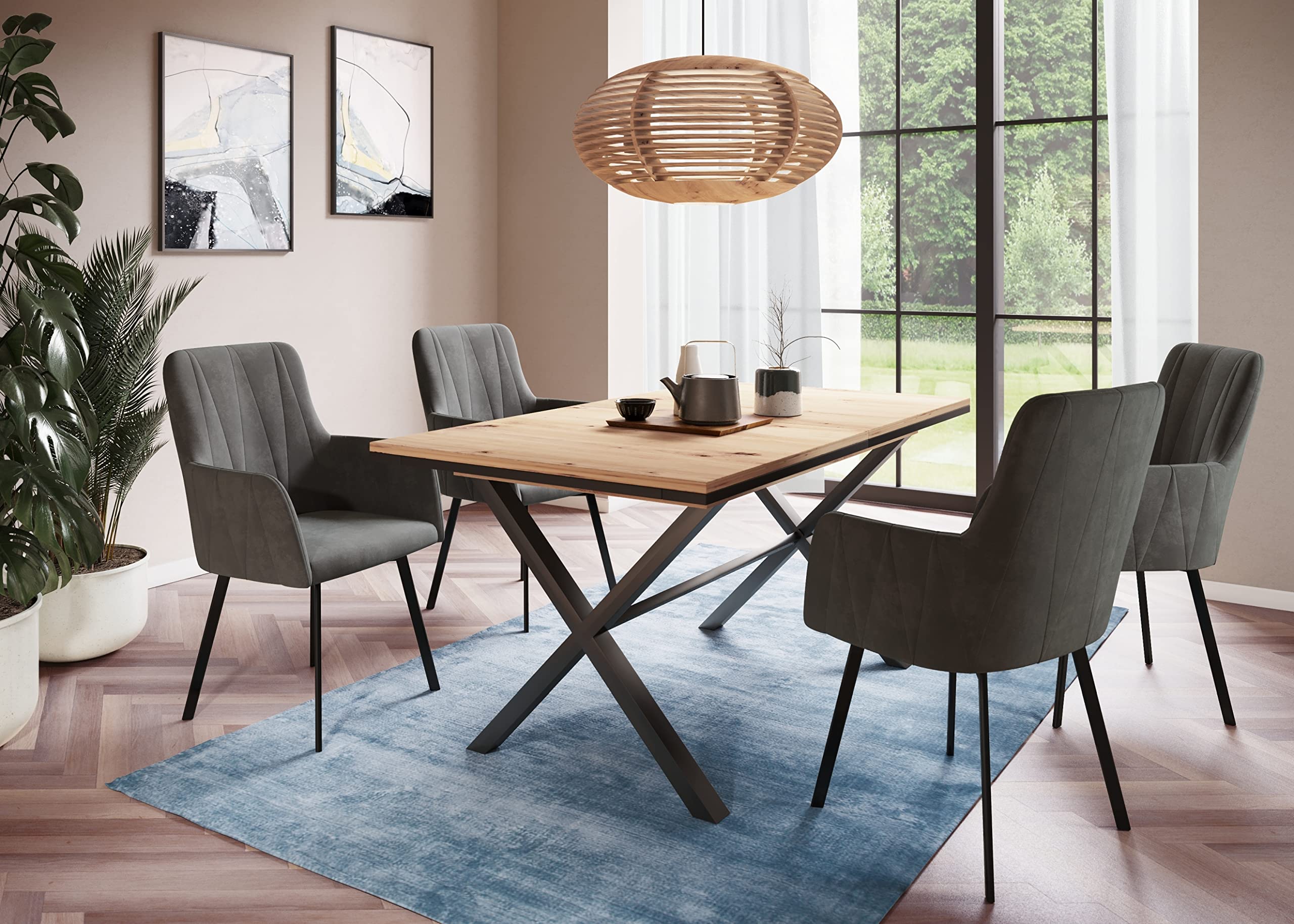 Hela Tische, Karina Table à Manger Extensible, Matériau Dérivé du Bois avec Revêtement en Mélamine, Chêne Artisan, Piètement Anthracite en X, 160-200 x 90 cm