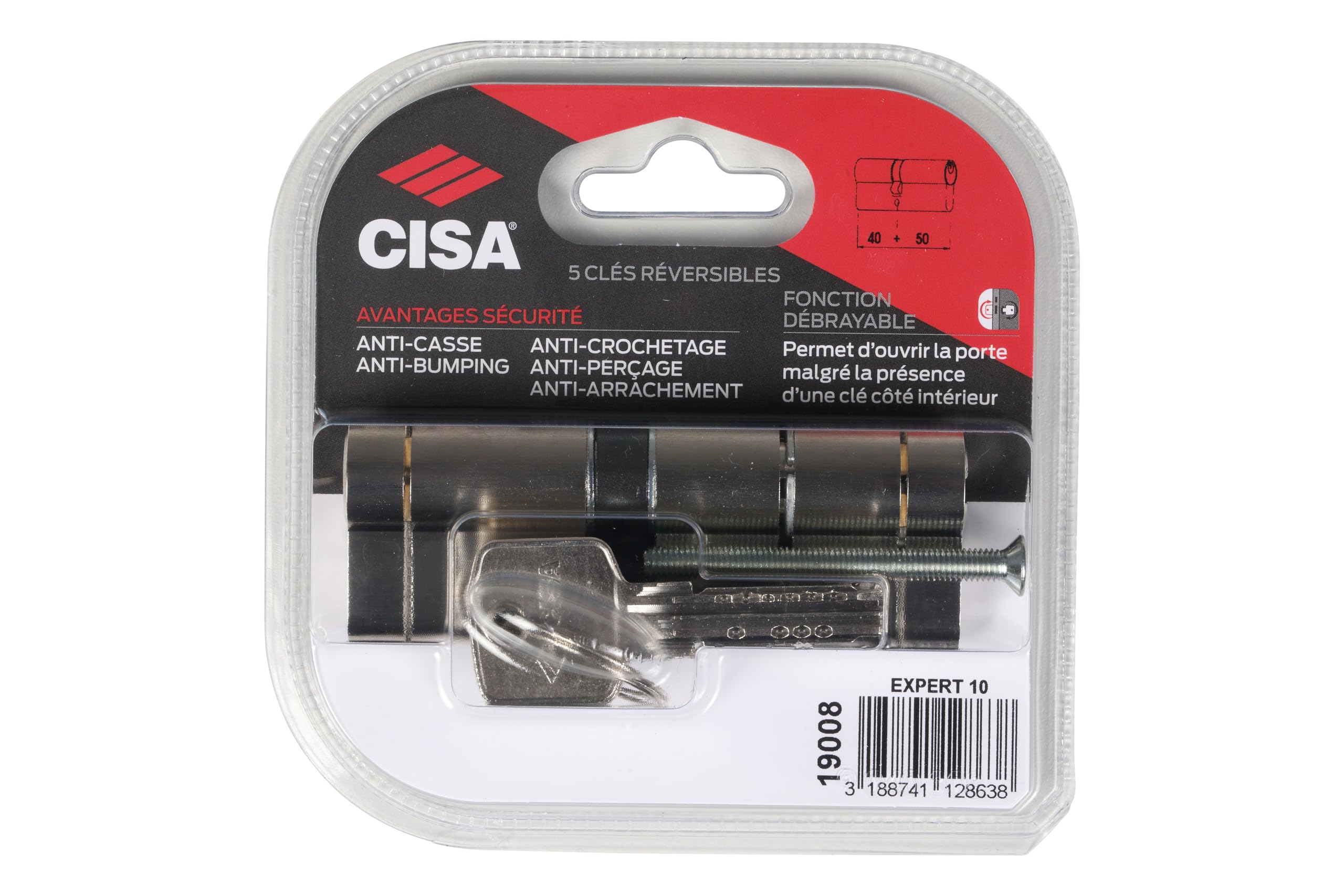 Cylindre de serrure CISA Expert 10 débrayable L.40 + 50mm 5 clés