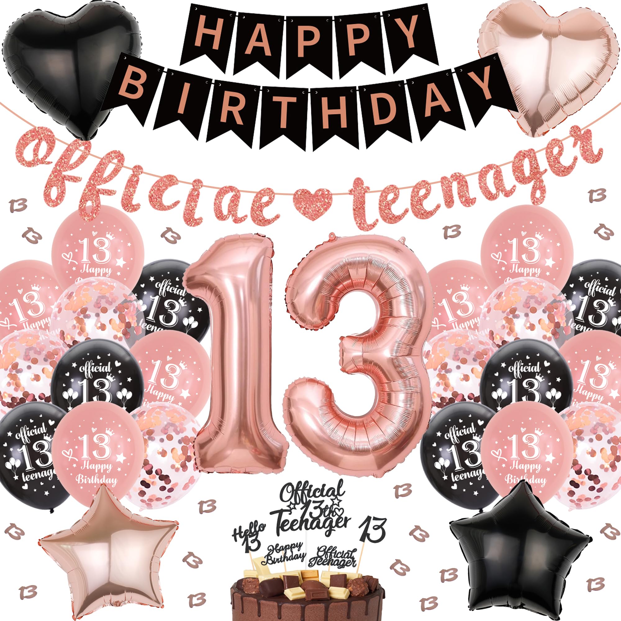 Offizielle Teenager 13. Geburtstag Dekoration - 66 Stück 13 Jahre Mädchen Geburtstagsdeko Schwarz Roségold Ballons Stern Herz Folienballon Happy Birthday Banner Tortendeko Topper für 13. Geburtstag