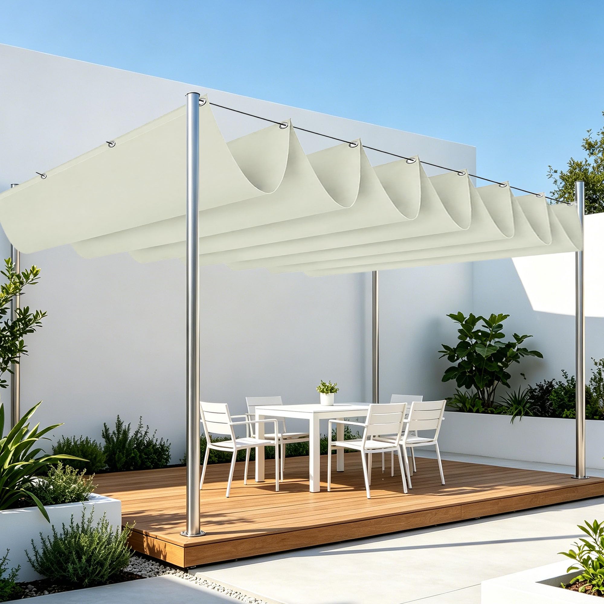 Toile imperméable voile d'ombrage 550 x 450 cm avec oeillets renforcés blanc cassé