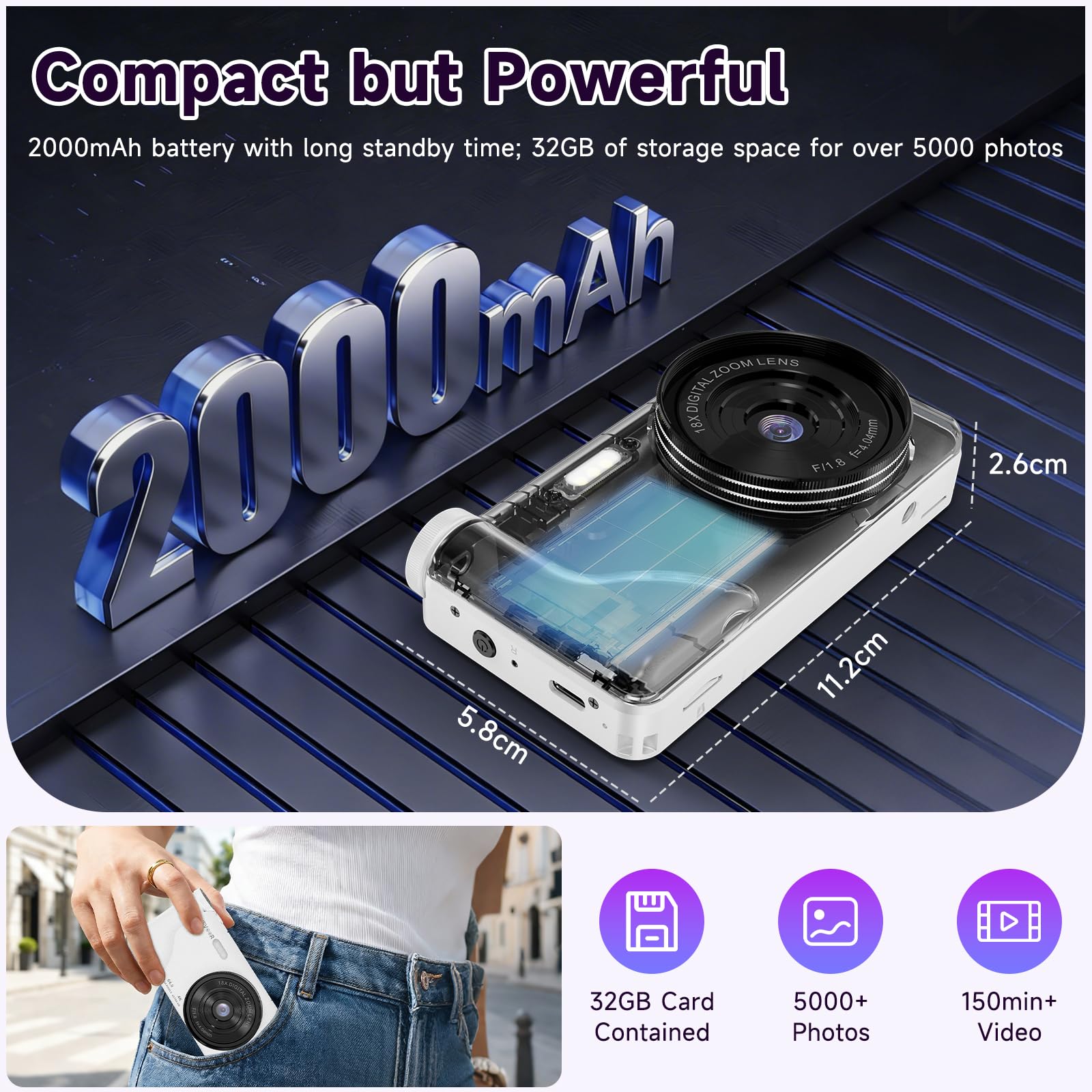 Digitalkamera 64MP 4K, Wevoor Kompaktkamera mit 3" 180° Flip Screen, 2000mAh Akku, 32GB Karte, Autofokus & 18X Digitalzoom, Fotokamera für Vlogging Selfies Reisen Anfänger Teens Kinder - Weiß