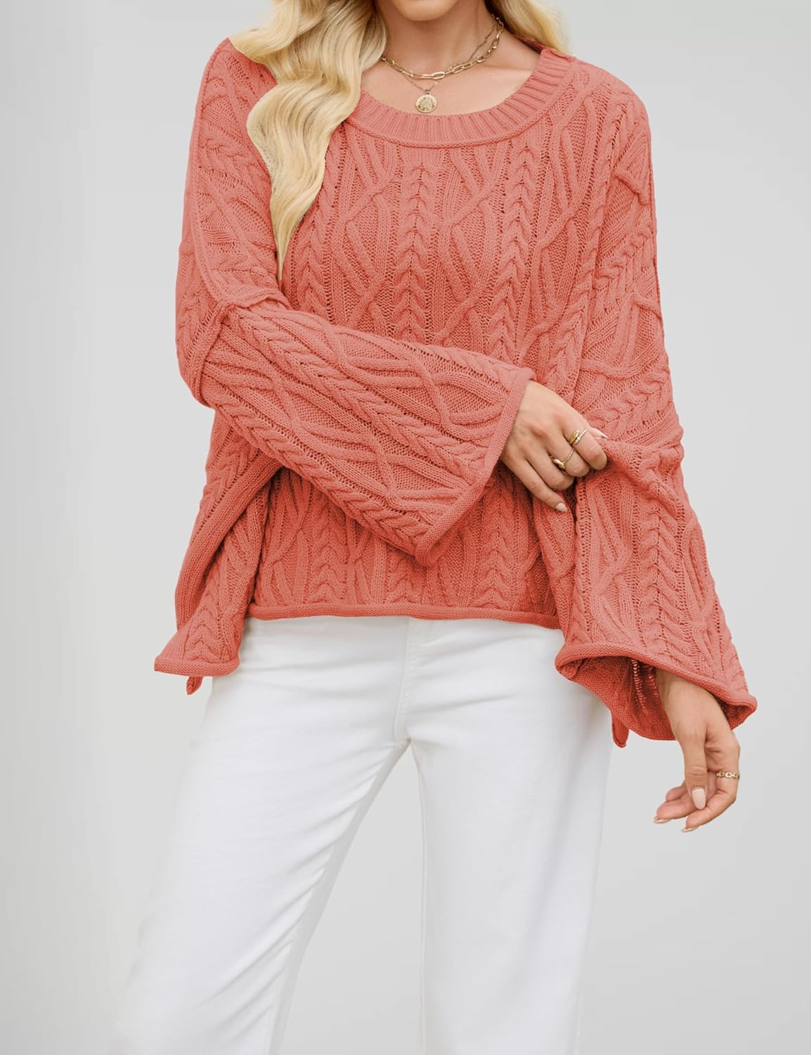 Womens Oversized Cropped Sweater Tops Crewneck Cable Knit Sweaters 2025 Fall Pullover Sweater(0269-Red-M) - Image 2