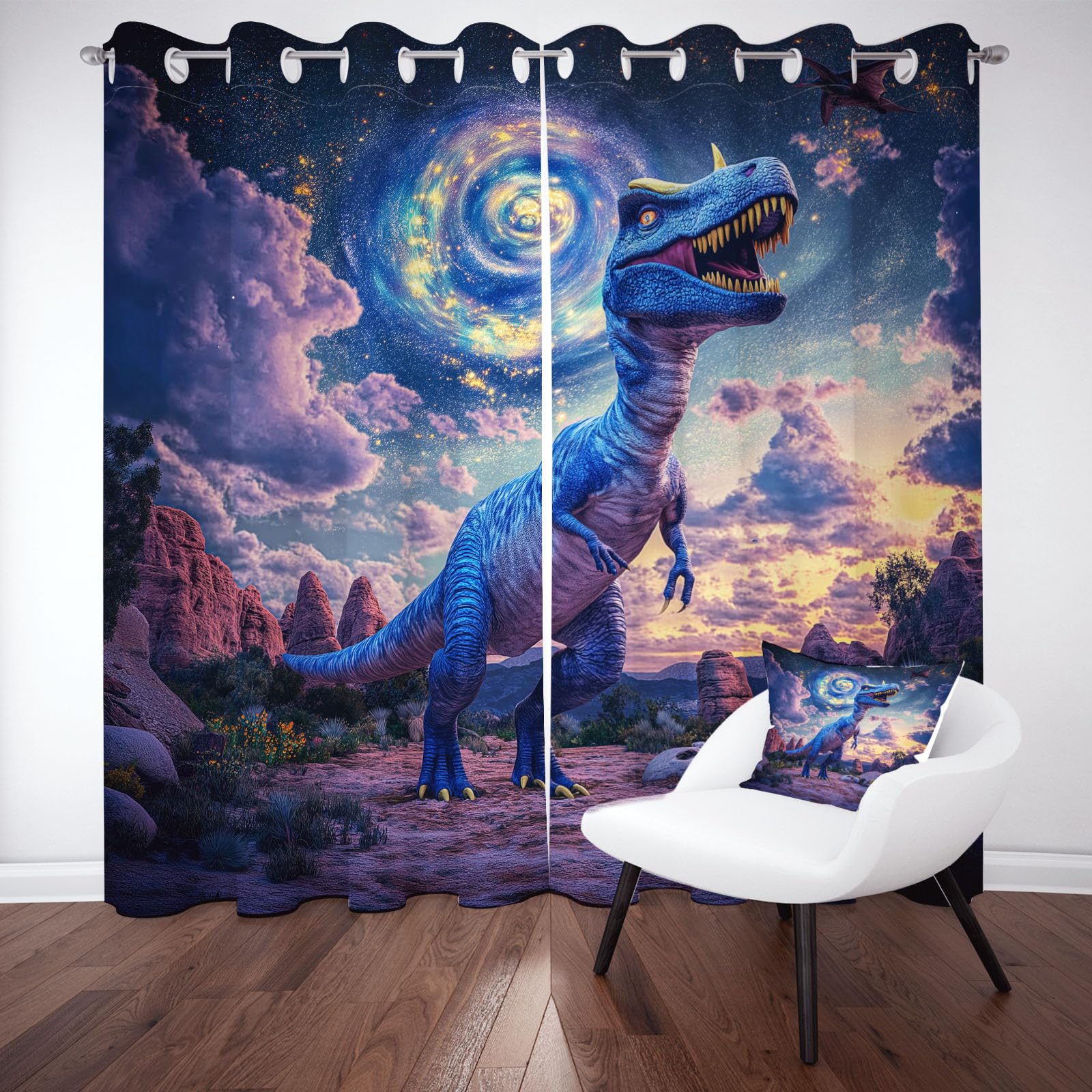 Rideau Occultant à Oeillets Science Fiction Dinosaure Lot de 2 Rideaux Thermique et Isolant Phonique Galaxie Tyrannosaure Rex Idéal pour la Décoration de Salon, Chambre à Coucher, 110 x 215cm