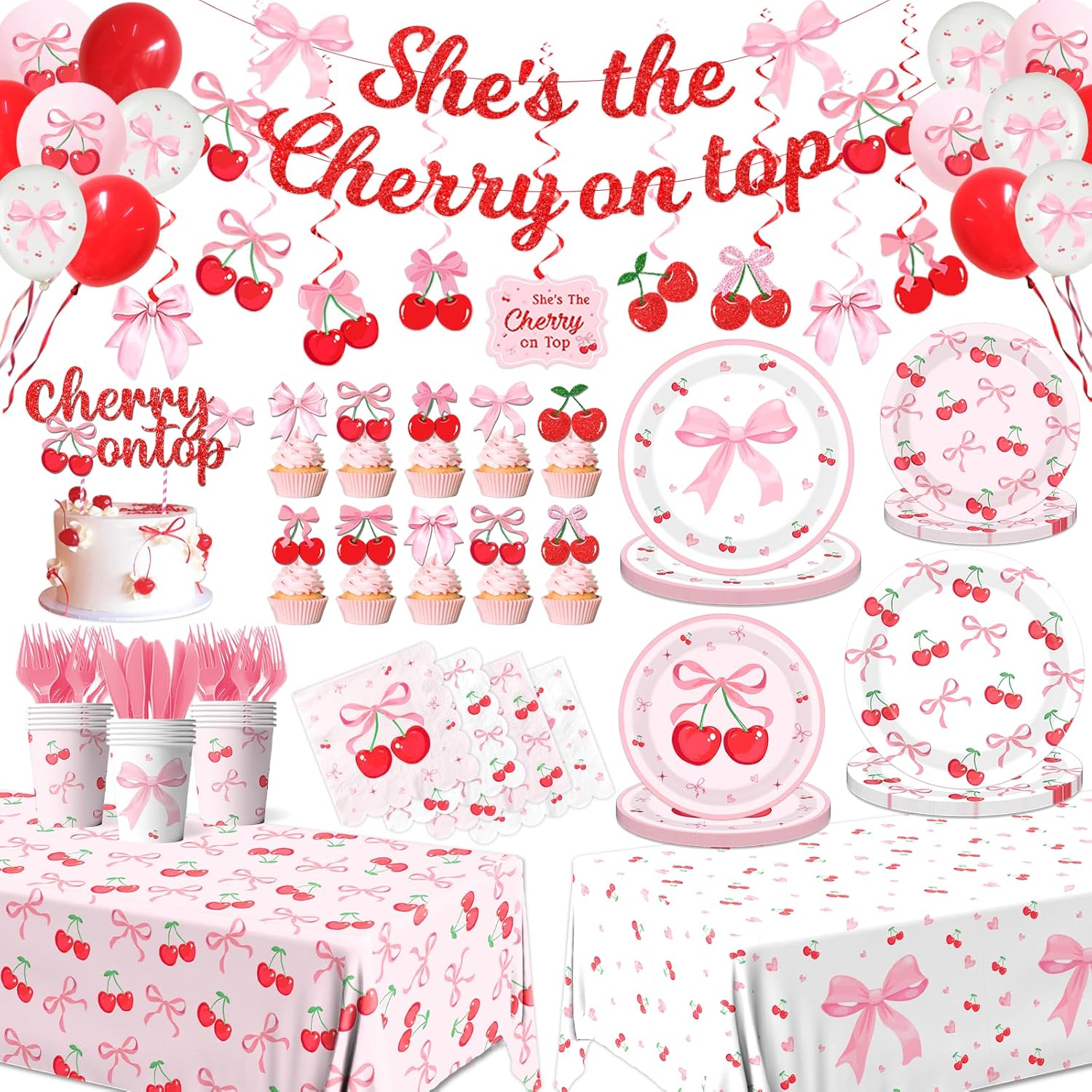 Pink Bow Party Supplies,208Pcs Coquette Birthday Party Decorations Includes Bow Cherry Paper Plates and Napkins,Cups,Banner,Tablecloth,Balloons,Serves 24 for Girls Bachelorette Party
