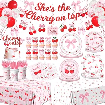 Pink Bow Party Supplies,208Pcs Coquette Birthday Party Decorations Includes Bow Cherry Paper Plates and Napkins,Cups,Banner,Tablecloth,Balloons,Serves 24 for Girls Bachelorette Party