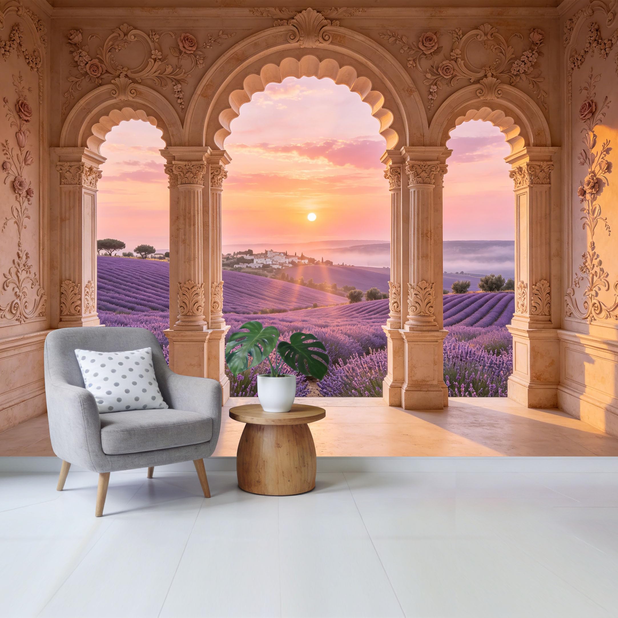 Removable Self Adhesive Fabric Mural， Neoclassical Arch Sunset Lavender Field Custom Size Wall Covering， UV Protected Waterproof Washable Wall Decor for Living Room Bedroom Bathroom