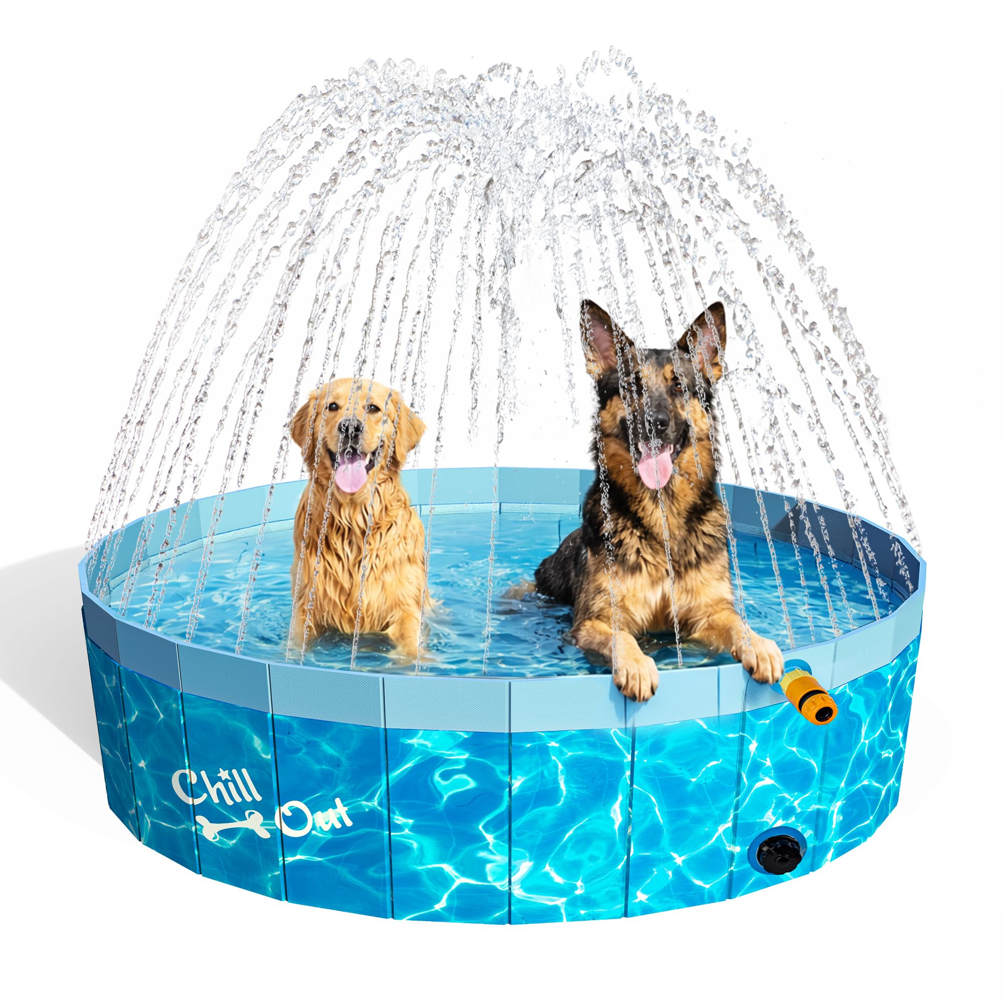 ALL FOR PAWS Large Dog Pool with Sprinkler, 2-in-1 Foldable Dog Swimming Sprinking Pool Non-Slip Hard Plastic Splash Sprinkler Kiddie Pool for Outdoor Backyard Dogs Ducks and Pet Baths (160CM)