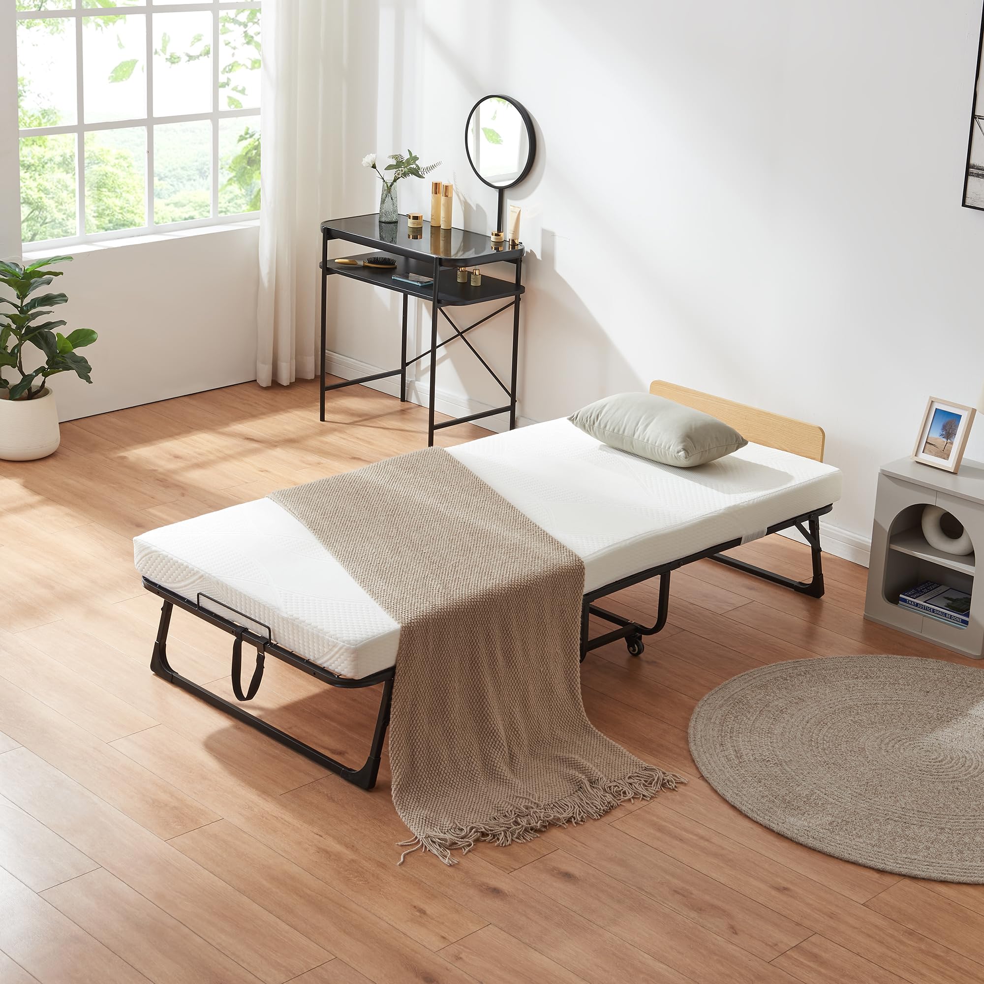 [en.casa] Klappbett 90x200 cm Erwachsene Lustendi mit Matratze Gästebett klappbar mit Kopfteil Metallbett mit Rollen Schwarz/Eicheoptik