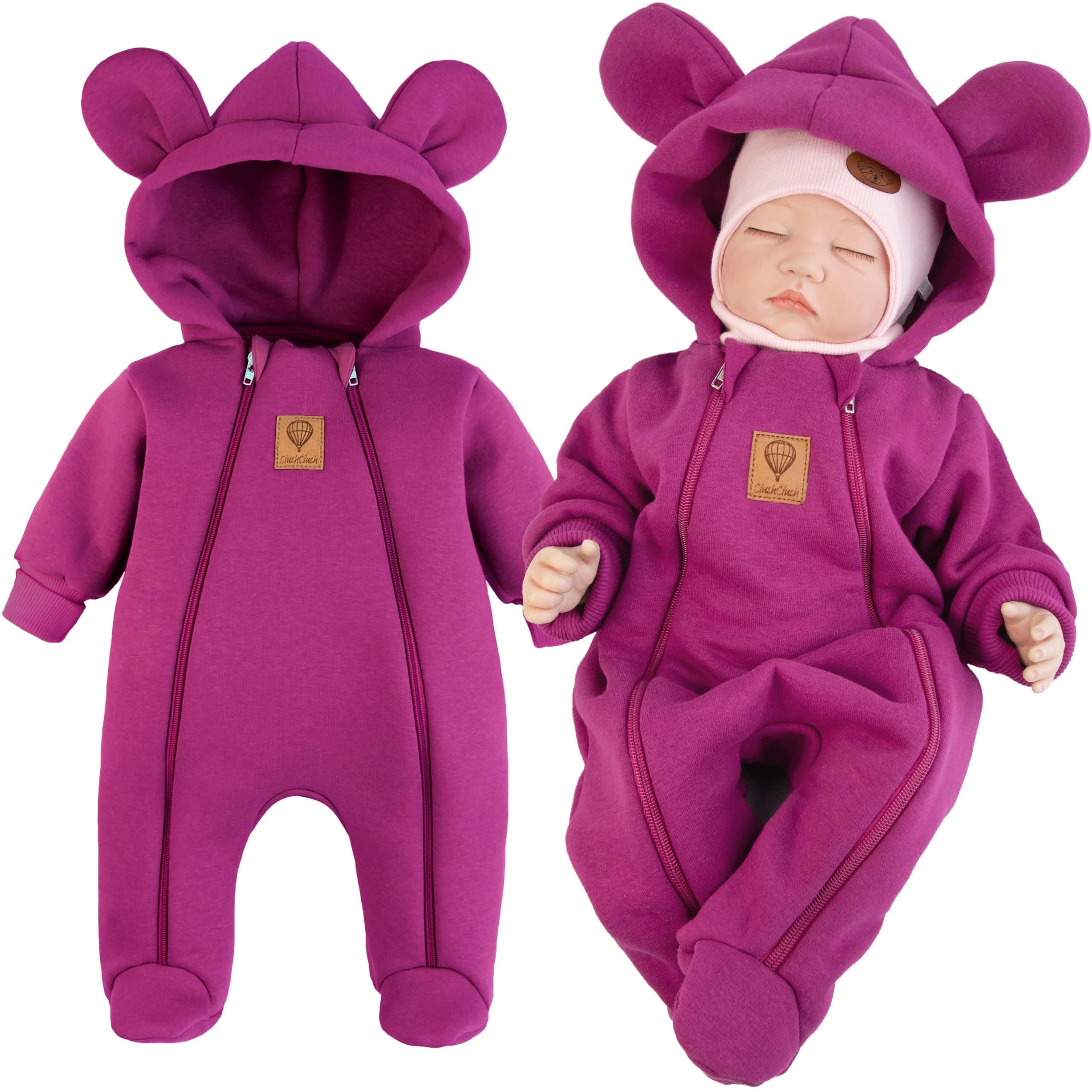 Baby Übergangs-Strampler – 80% Baumwolle Sweatstoff Overall mit Kapuze & Ohren – Fußteil & Zwei Reißverschlüsse – Für Mädchen & Jungen – Kuscheliger Frühling/Herbst-Overall