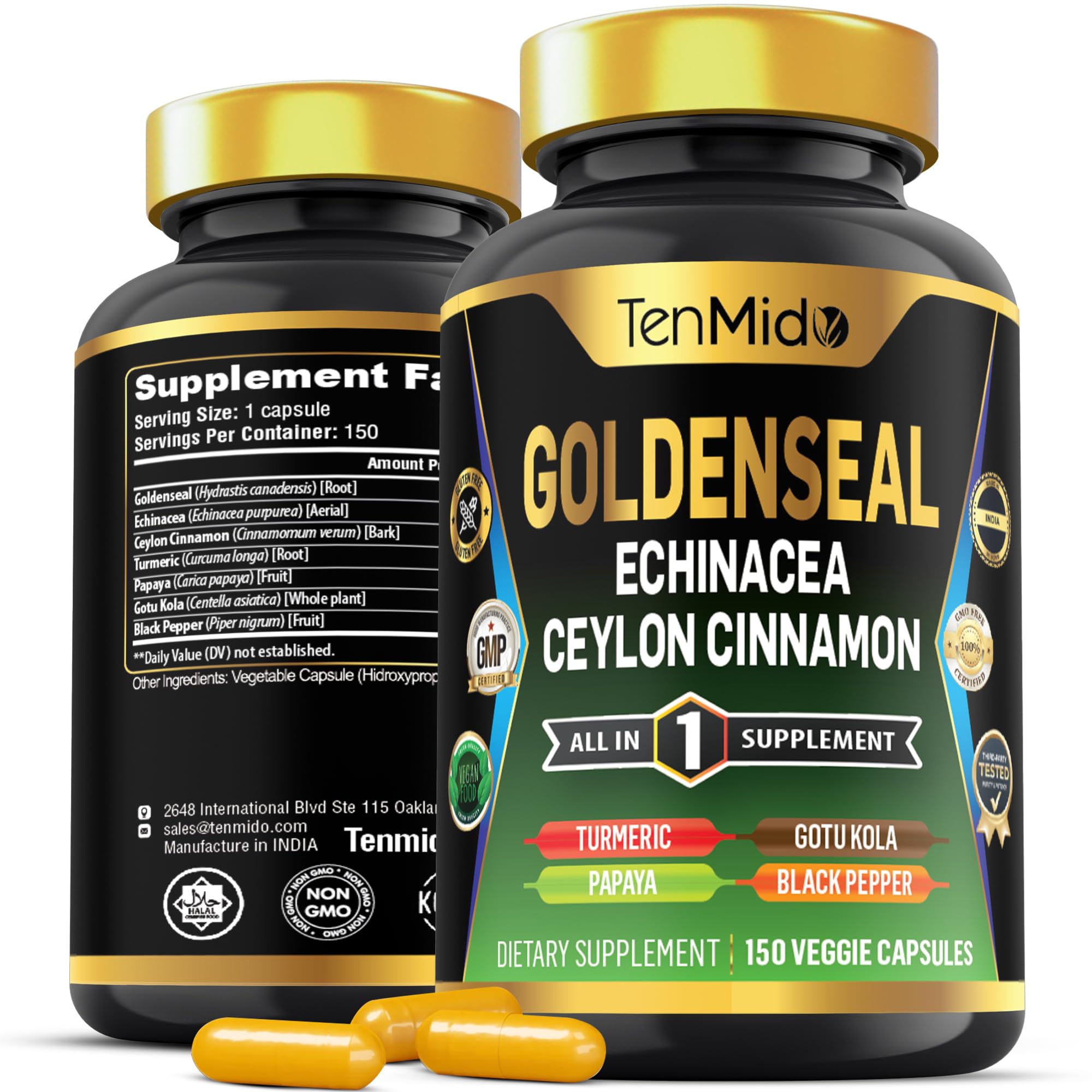 Goldenseal Root Supplement - 7in1 Formula - Combine with Echinacea, Ceylon Cinnamon, Turmeric, Papaya, Gotu Kola & Black Pepper - Digestive Health Support - 150 Capsules for 5 Months Supply