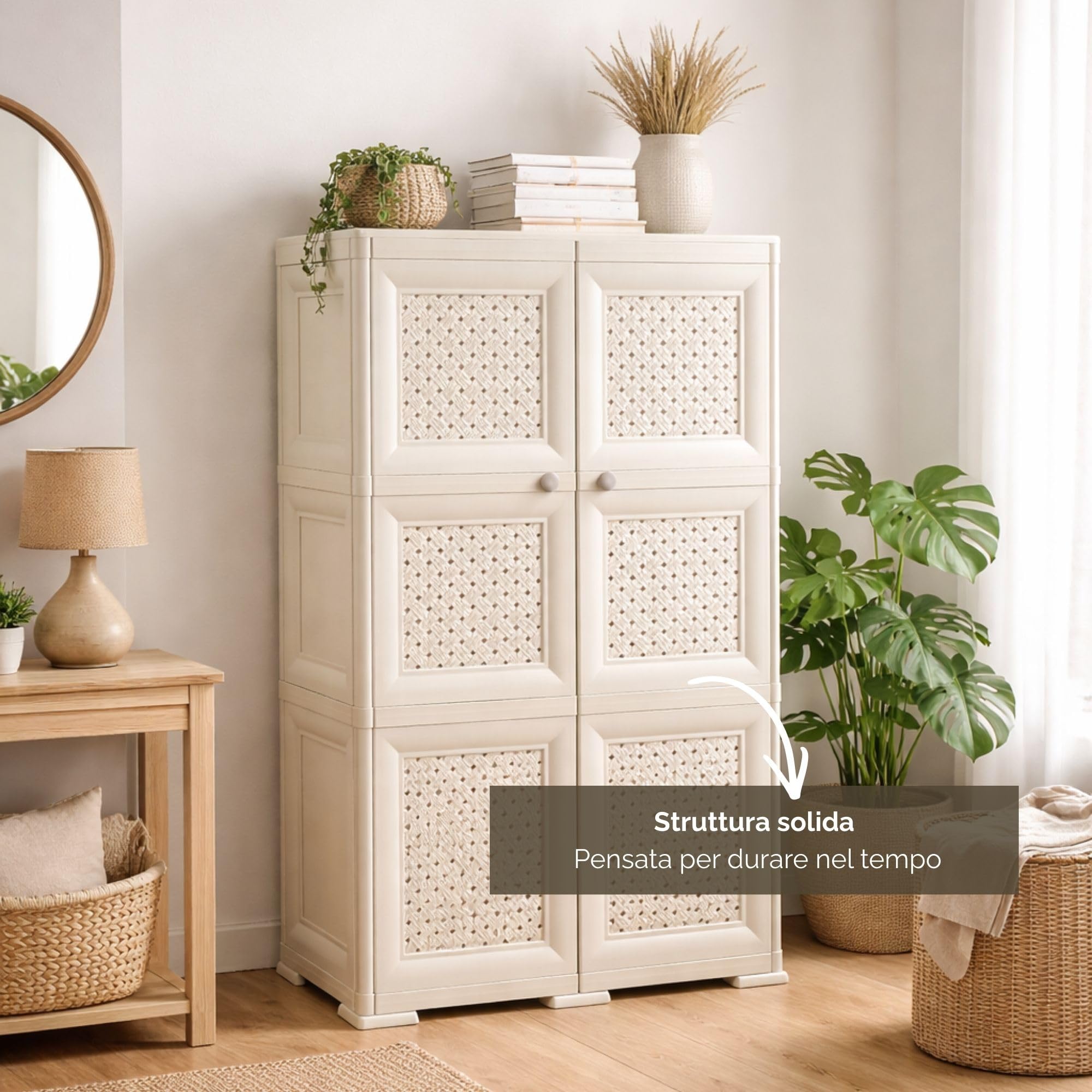 Armadio in Plastica 79 x 43 x 125 cm con Ante Traforate – Mobile Contenitore Verticale Salvaspazio per Zona Living e Organizzazione Casa (Angora)