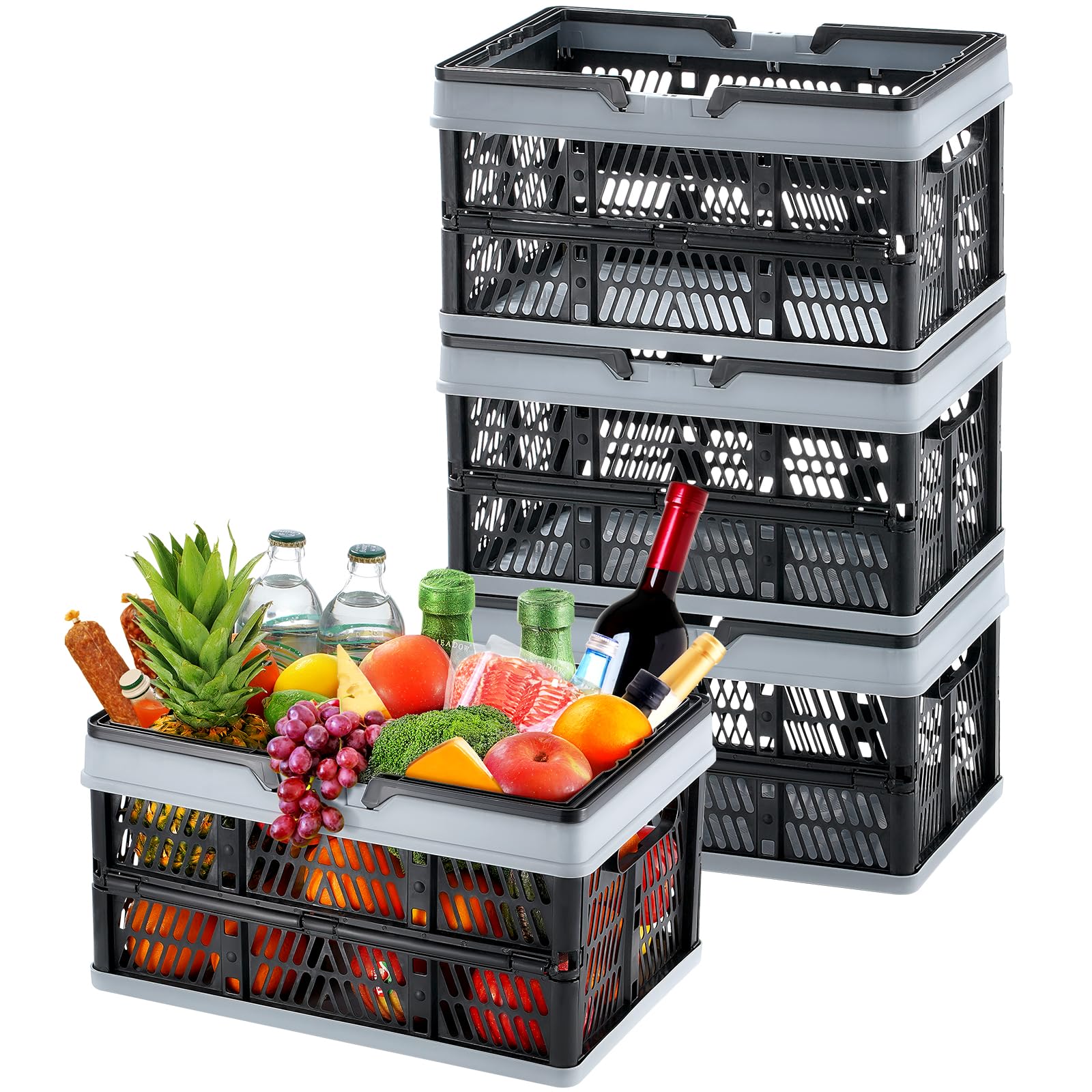 VEVOR Collapsible Shopping Basket, 3 Pack, 16L Plastic Foldable Storage Crate with Handle, Grocery Fruit Vegetable Shopping Basket Folding Storage