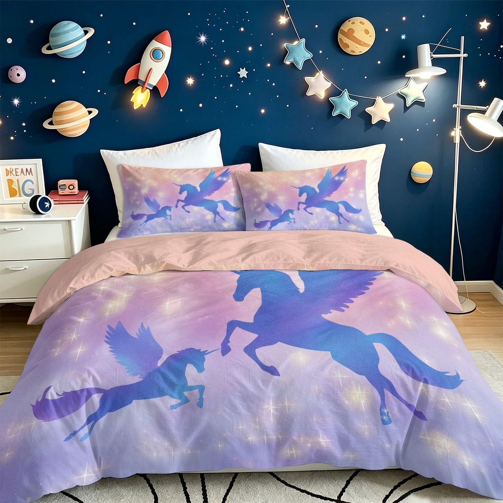 Poszwa na kołdrę 140 x 200 cm Bohemian skrzydłowy jednorożec i galaktyka gwiaździstego nieba do pokoju dziewczęcego, zestaw pościeli dziecięcej, zestawy poszewek na kołdrę, dwustronne koce z nadrukiem