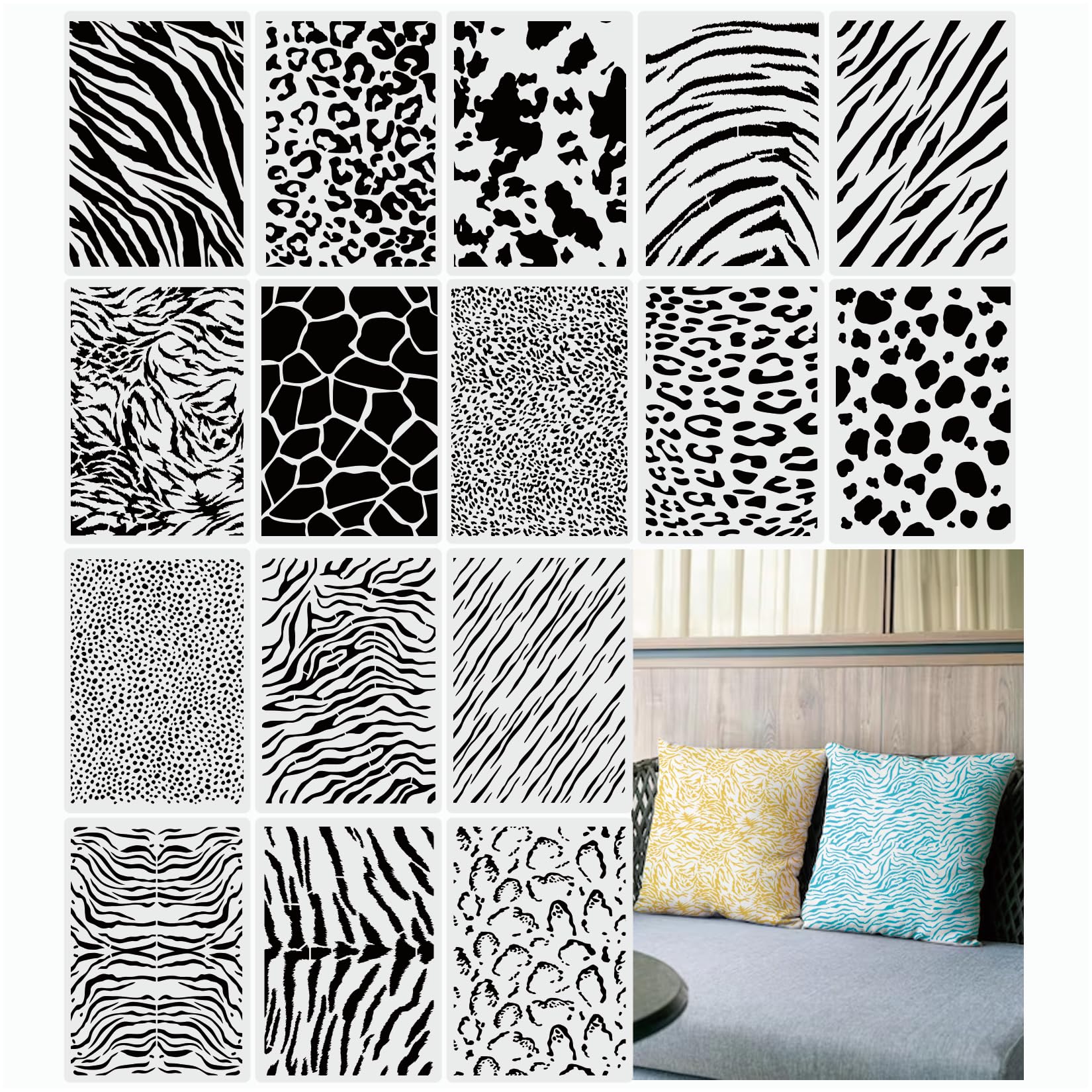 Texture Leopard Stencils for Painting on Wood Crafts Reusable Geometric Mixed Media Stencil Art Paint Canvas Cow Tiger Zebra Print Layering Stencils for Card Making Fabric Shirt (16 Animal Print)