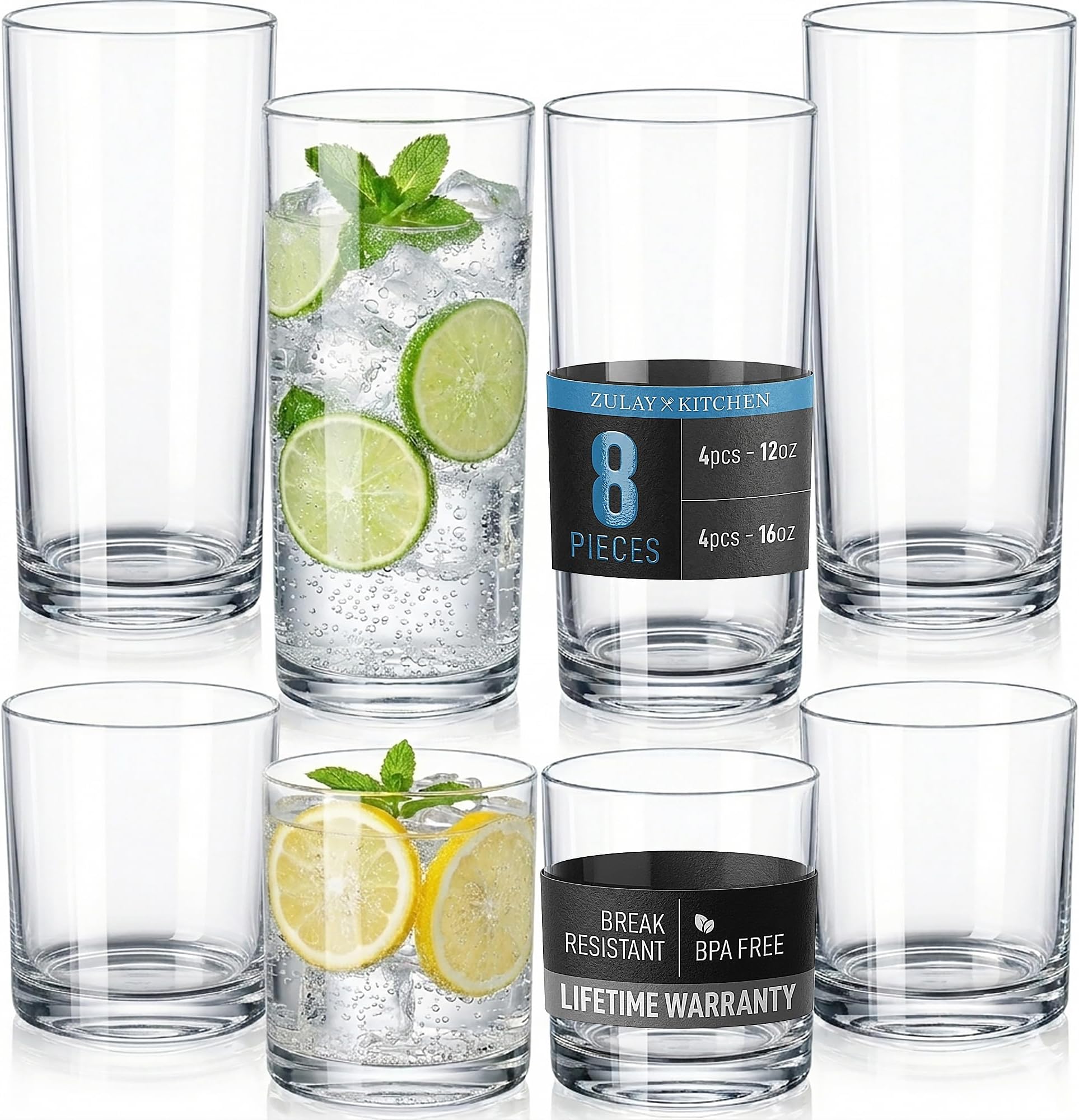 Zulay Kitchen Plastic Drinking Glasses (Set of 8) – Mixed 16oz & 12oz Acrylic Shatterproof Cups for Home, Kitchen & Outdoors – Crystal Clear Glass Look – BPA & Lead-Free – Top-Rack Dishwasher Safe