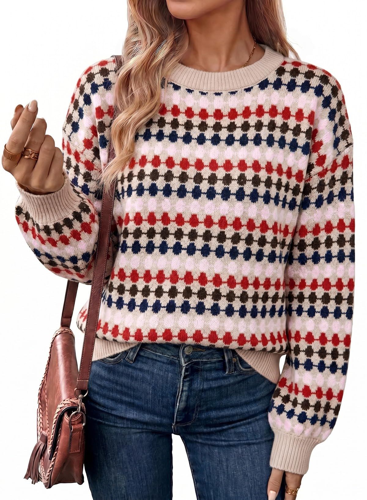evaless Women's Sweaters Fall Fashion 2025 Long Sleeve Polka Dot Top Cowboy Chic Pullover Sweaters Colorblock Outfits-picture-55