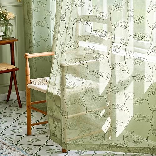 Lazzzy Cortinas transparentes verdes bordadas con hojas de 63 pulgadas de largo para sala de estar, dormitorio, bolsillo para barra, cortinas de