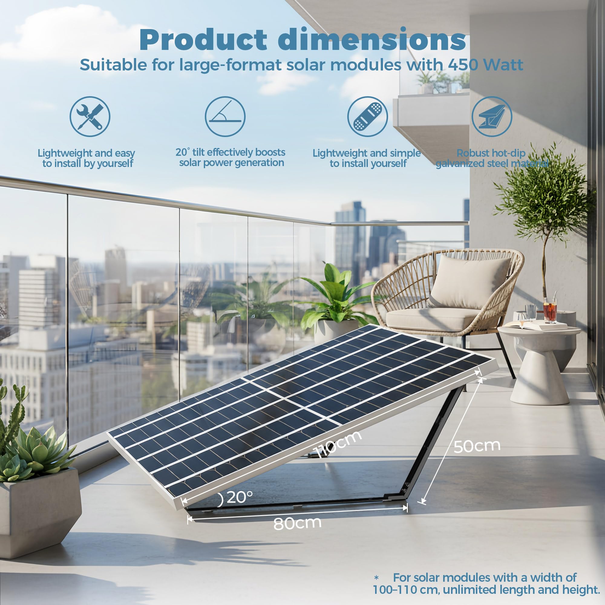 Staffa per pannello solare per tetto piatto e giardino, 2 set di staffe per centrali elettriche per balcone, angolo di inclinazione di 20°, nero, acciaio HV, antiscivolo, facile da montare, per patio