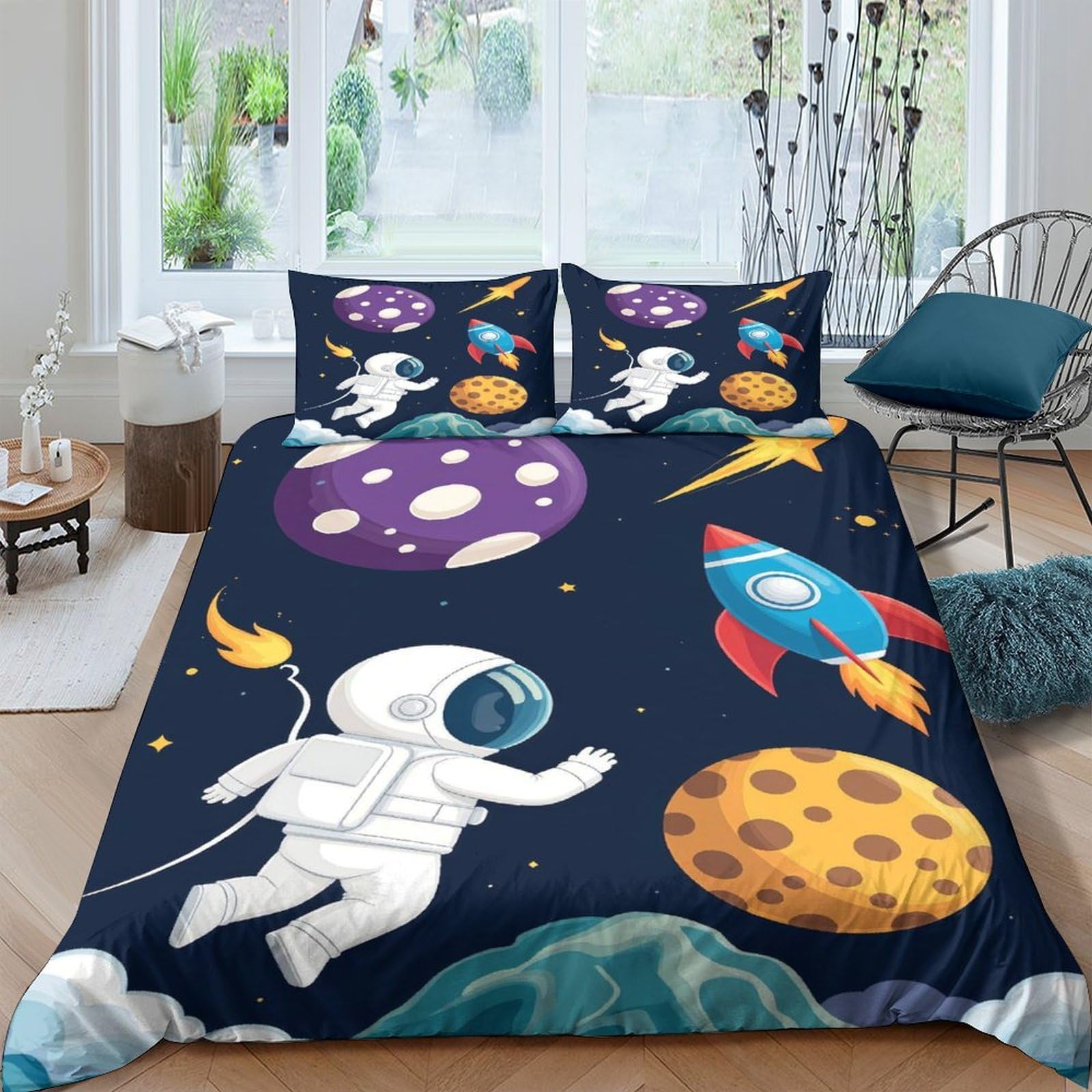 Ctjqhvkz Style-8 3D Printed Astronaut Rocket Fitted Sheet Microfiber Soft Navy Space Planet Mattress Cover Bedroom Decor Single（135X200cm）