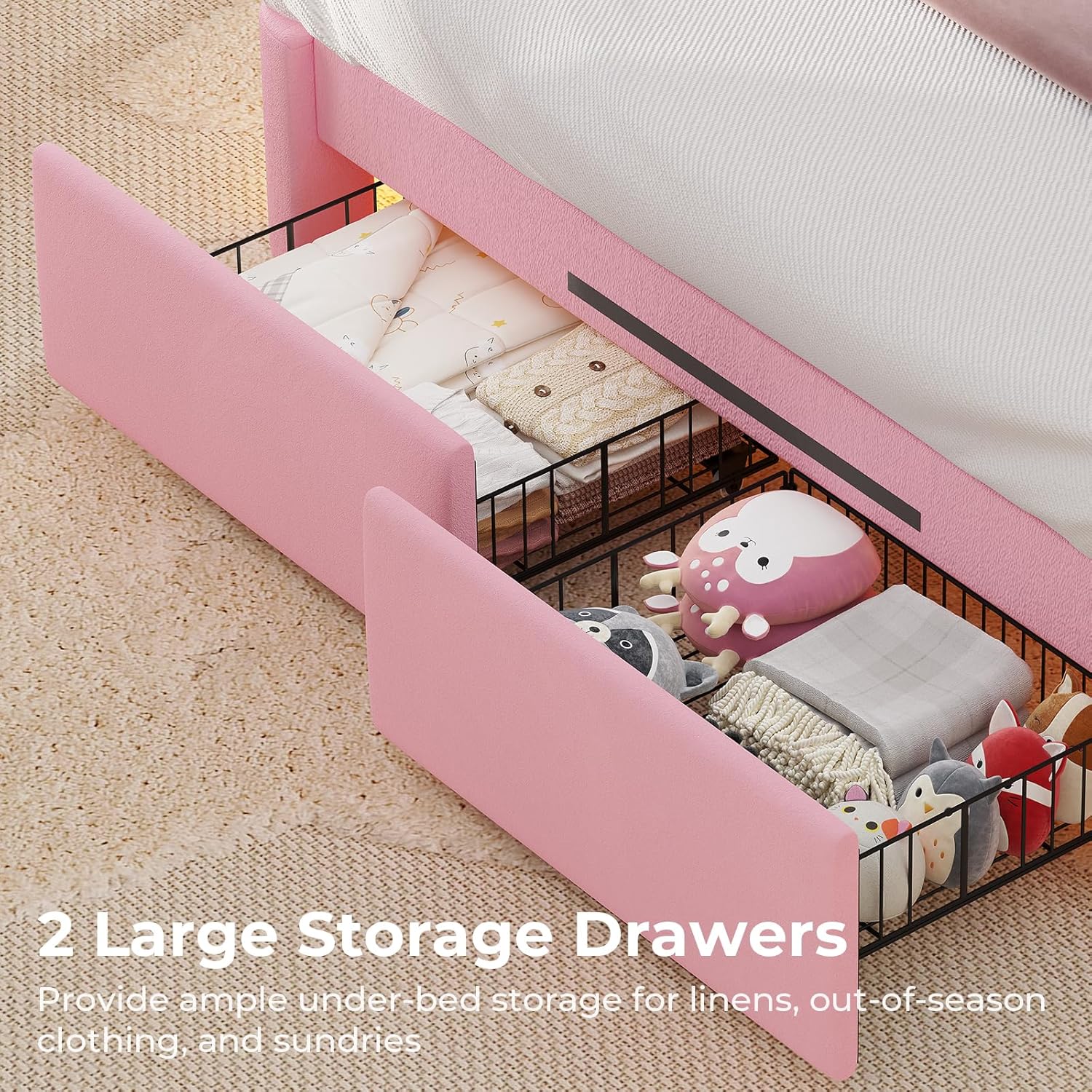 Image showing two large storage drawers pulled out from under the bed, filled with clothing and plush toys.