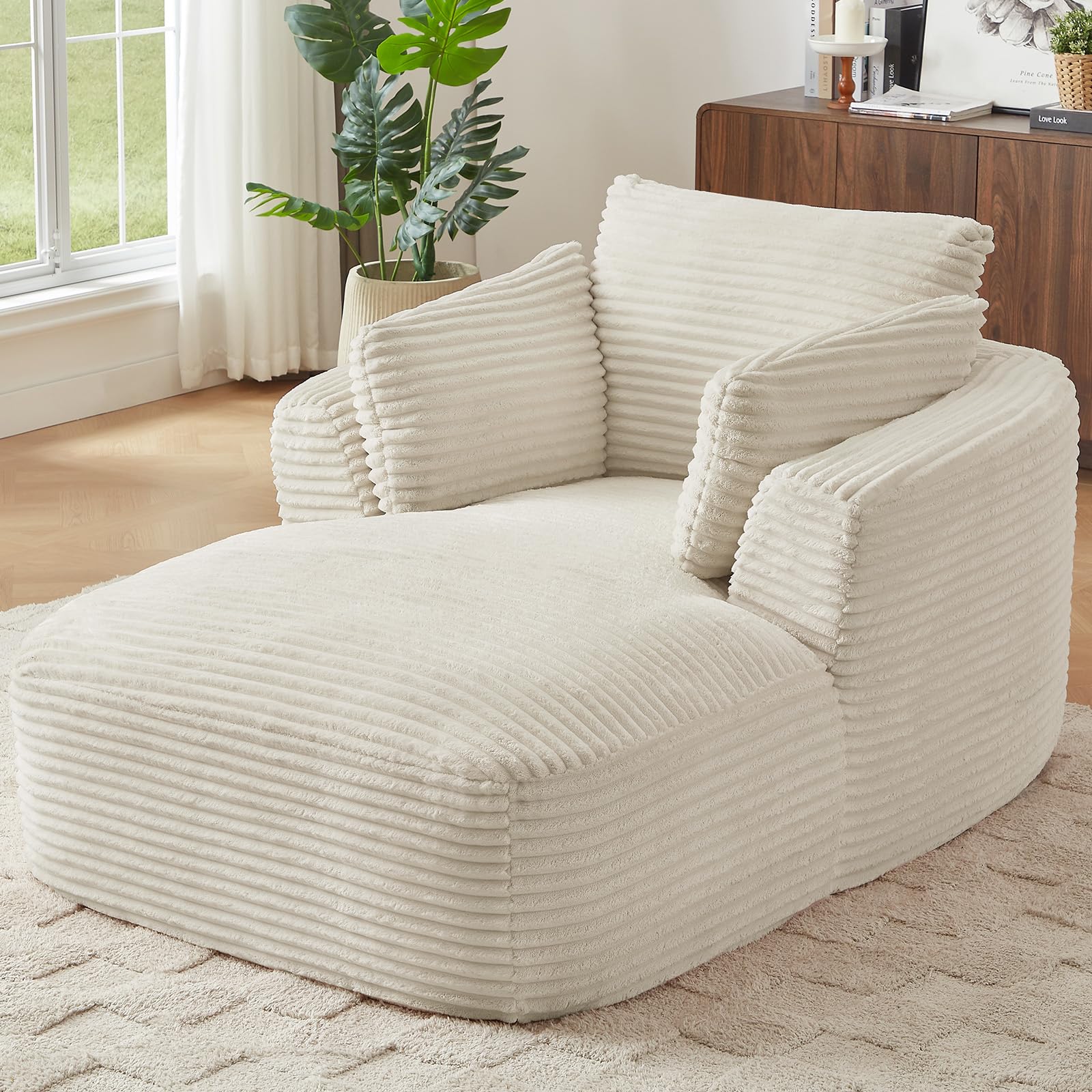 45” Chaise Lounge Chair Indoor, Corduroy Oversized Chaise Lounge with 3 Pillows for Bedroom Living Room, Boneless Chair with Armrest, No Assembly Required (White)