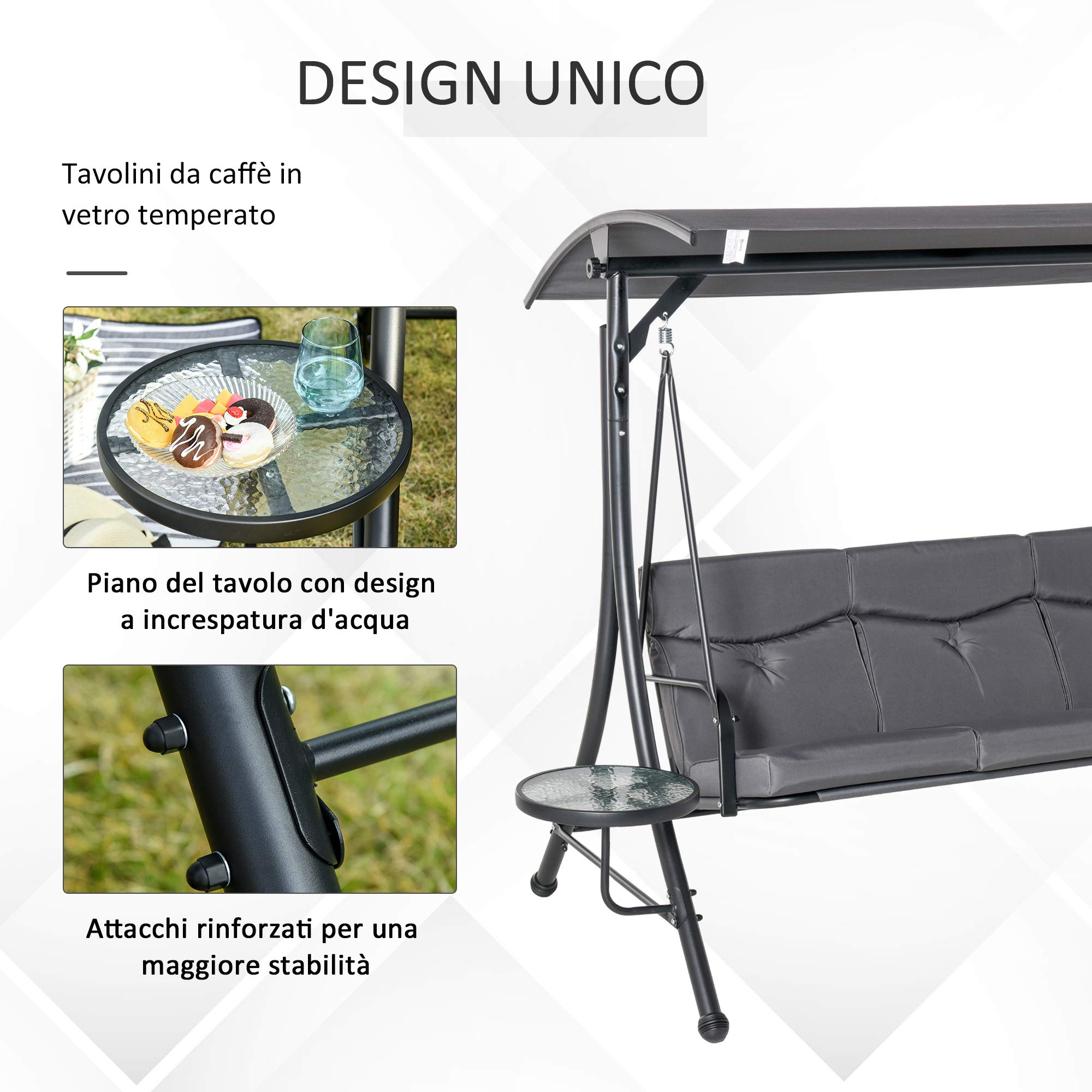 Outsunny Dondolo da Giardino a 3 Posti, Dondolo da Esterno con Tettuccio Regolabile e 2 Tavolini, Grigio 271x125x177cm