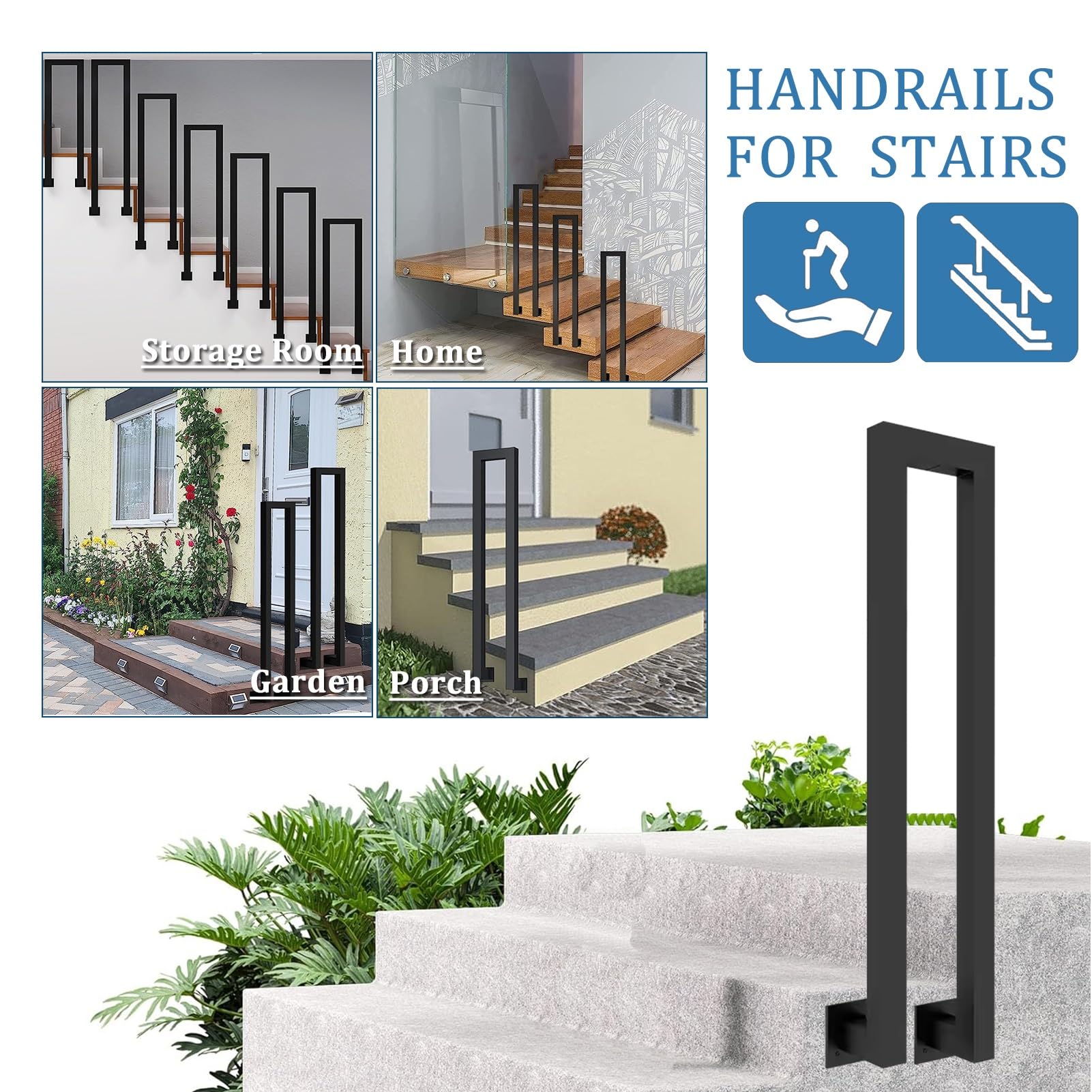 Handläufe für Außentreppen, an der Wand montierter Treppengeländer-Handlauf, rutschfester U-förmiger Handlauf für Treppen oder Stufen, Metalltreppengeländer Garage Veranda Garten Haltegriff Leitplanke