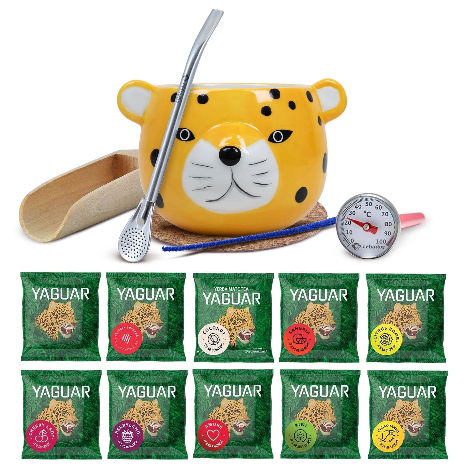 Yaguar Mate Tee Set mit Probe - Yerba Mate aus Brasilien 10x50g - Keramik Mate Becher Gatito 300ml, Bombilla Strohhalm, Thermometer, Zubehör - Luftgetrocknet, 18 Monate Gereift für Milden Geschmack